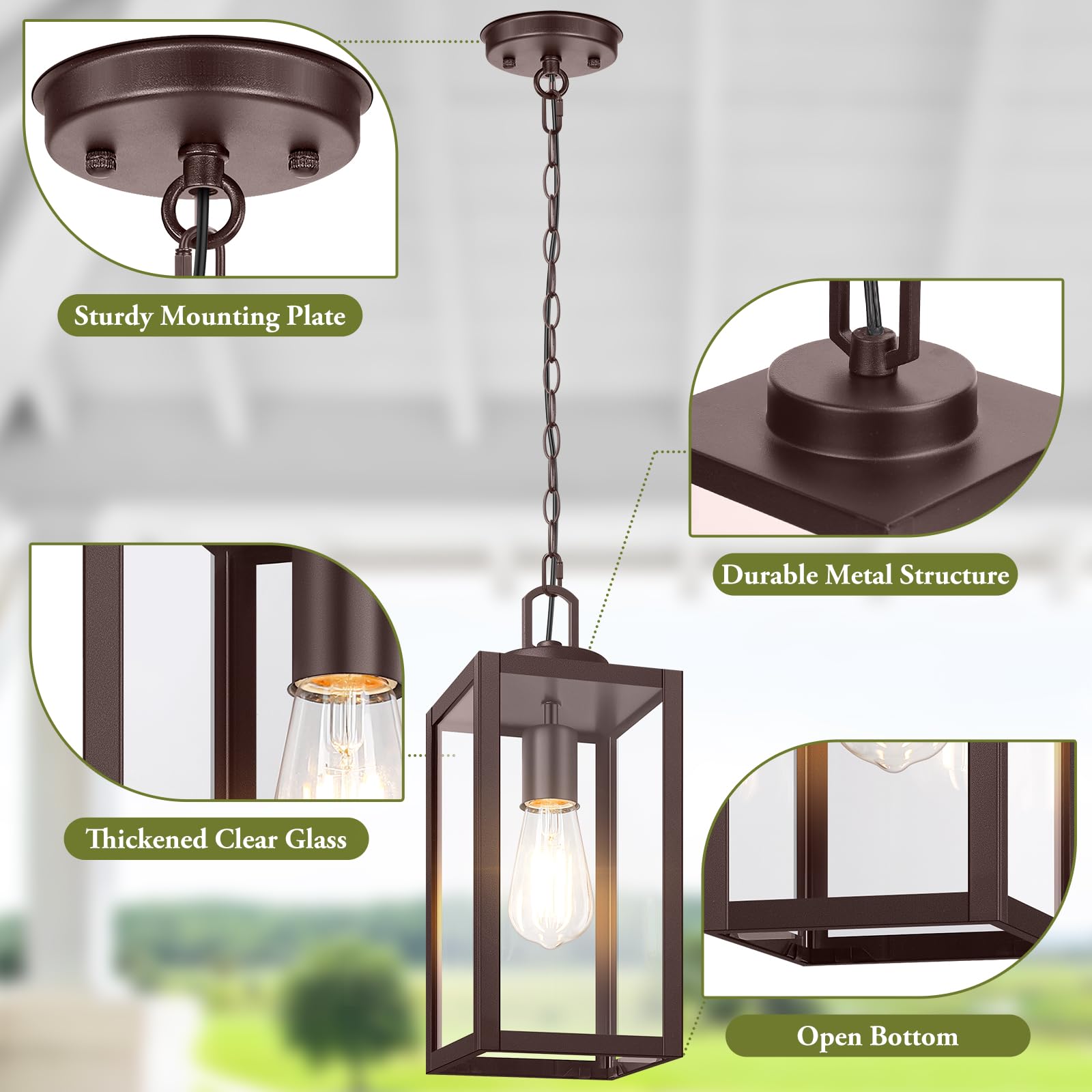 BesLowe 1-Pack 13” Outdoor Pendant Light, Brown Metal Hanging Lantern, Adjustable Chain, Modern Chandelier for Porch and Gazebo