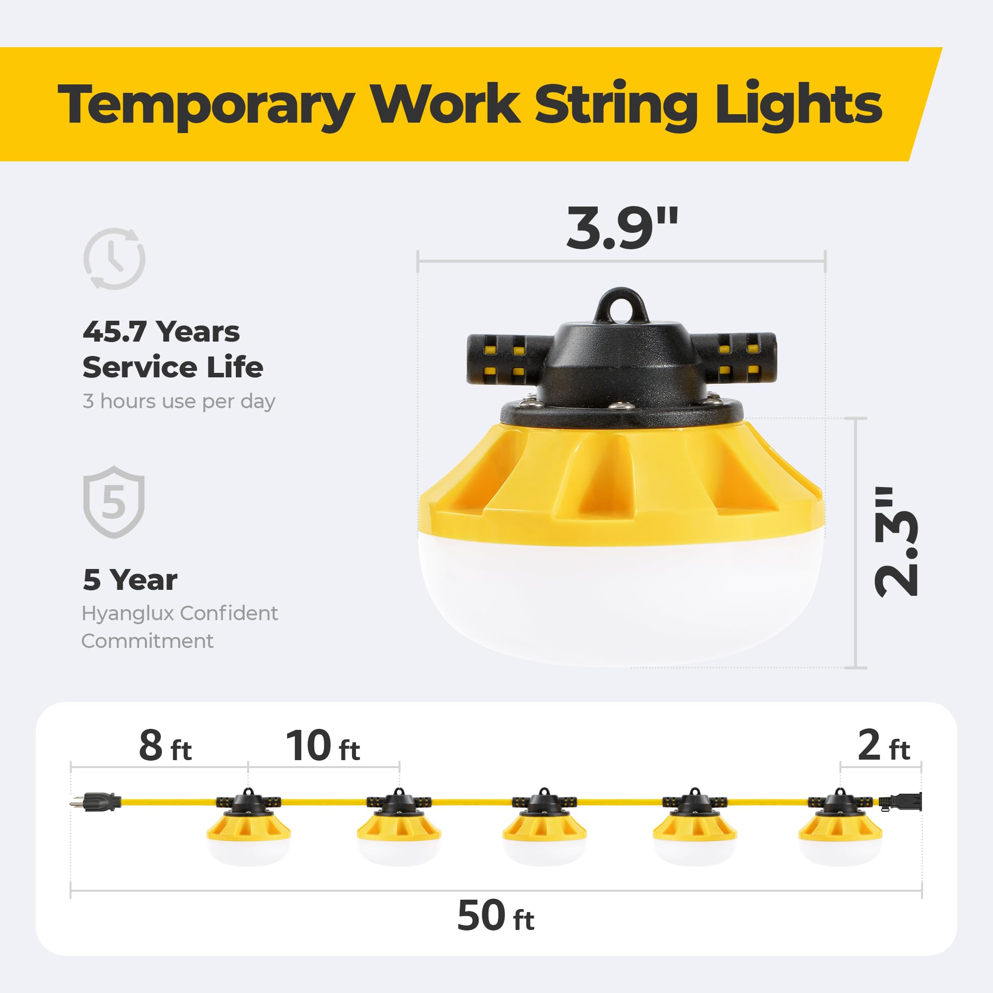 Hyanglux 50Ft Led String Lights: 3 Prong 50W 5500Lm Etl Certified Bright Industrial Outdoor Temporary Lighting Hanging Ip65 Wate
