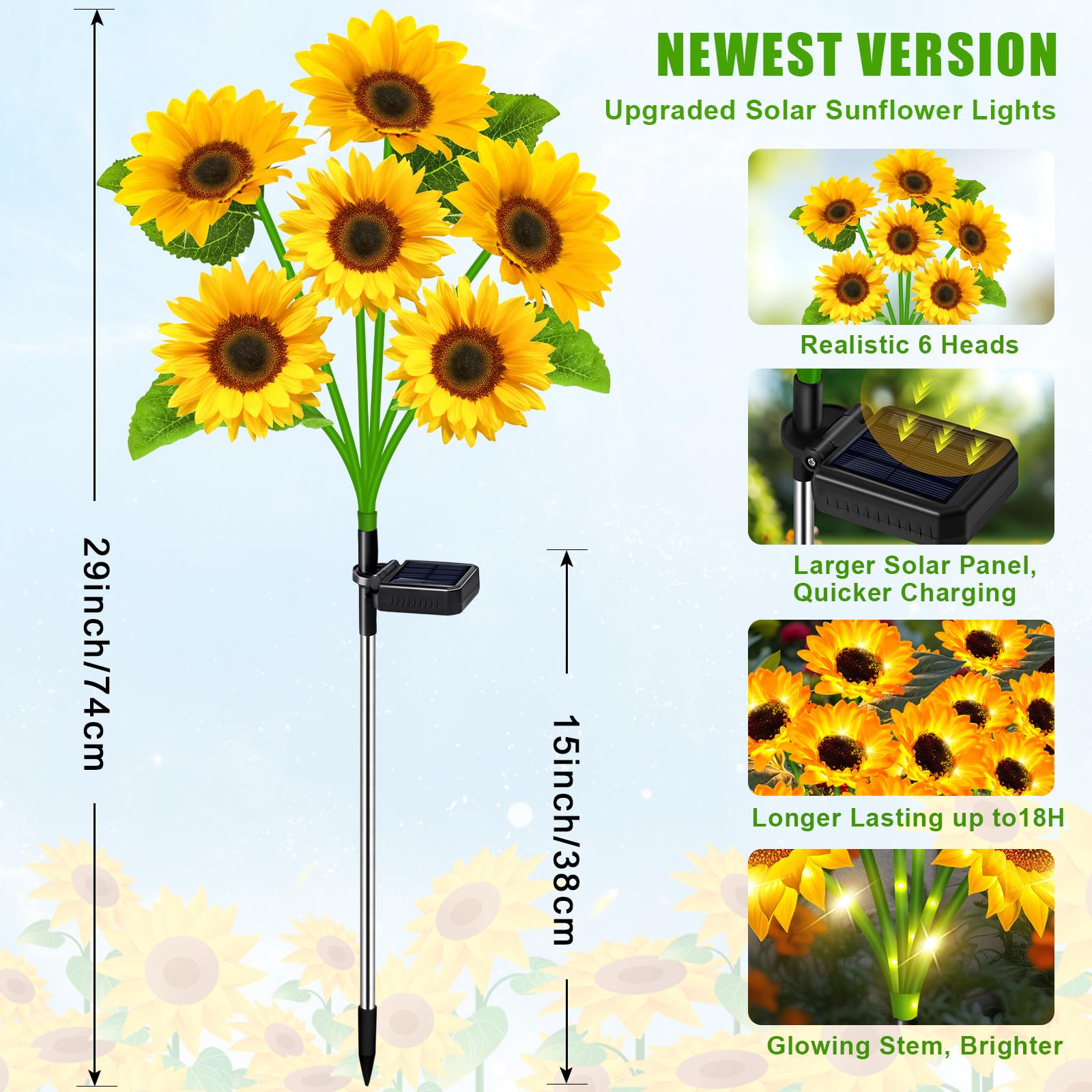 Ostritec Sunflower Solar Lights Outdoor Decor, 6 Pack, Waterproof, Plastic, 54 cu in, 36 Flowers