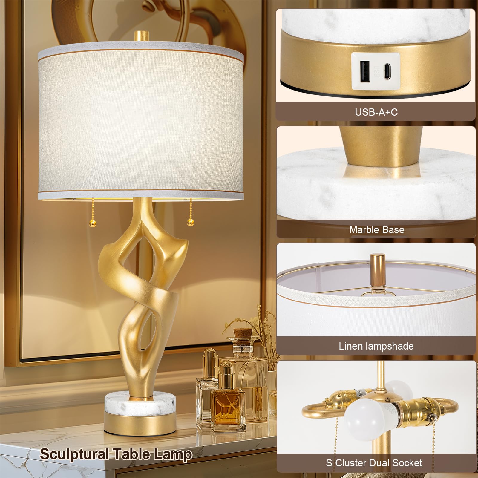 Scenekoy Sculptural Table Lamp Set of 2, Marble Base, USB Ports, Gold Leaf Finish, Modern Design for Living Room, Brown-3, Model 029