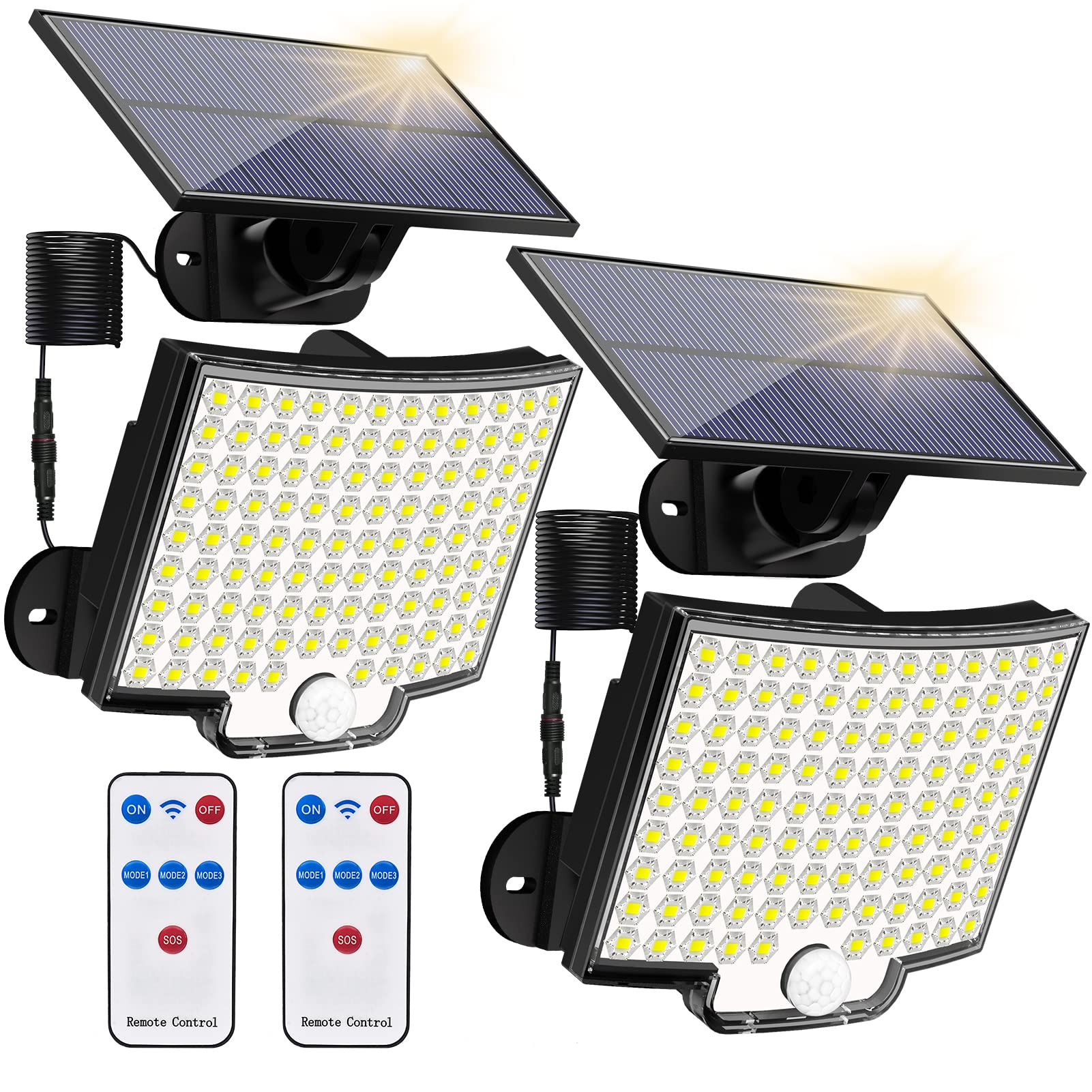 KERNOWO Solar Lights Outdoor, 106 LED 3000LM Motion Sensor Flood Lights, Dusk to Dawn, 2 Pack, IP65 Waterproof, 16.5Ft Cable