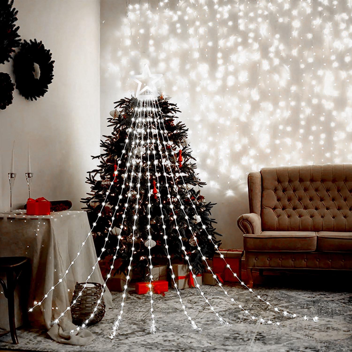 Outdoor Christmas Star String Lights, 320 Led 11.5 Ft Waterfall Tree Lights With 8 Lighting Modes For Indoor/Outdoor Yard, Home,