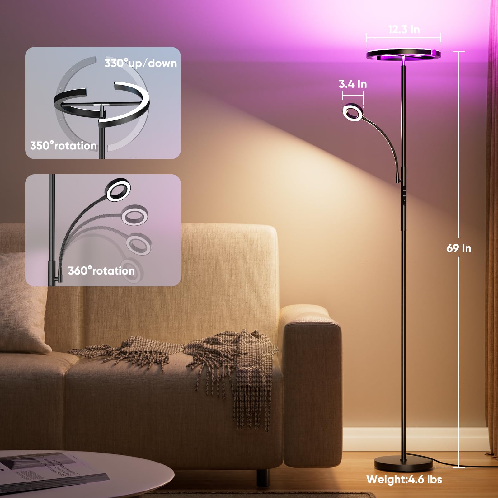 SIBRILLE RGBCW Floor Lamp with Reading Light, 36W Dimmable LED, Black, Model BP-F020