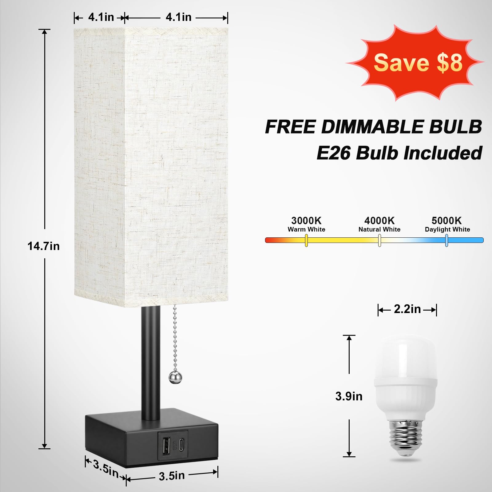Aooshine Bedside Table Lamp with 3 Brightness Levels, 15.5 In, Beige Fabric Shade, USB C+A Ports, LED Bulb Included