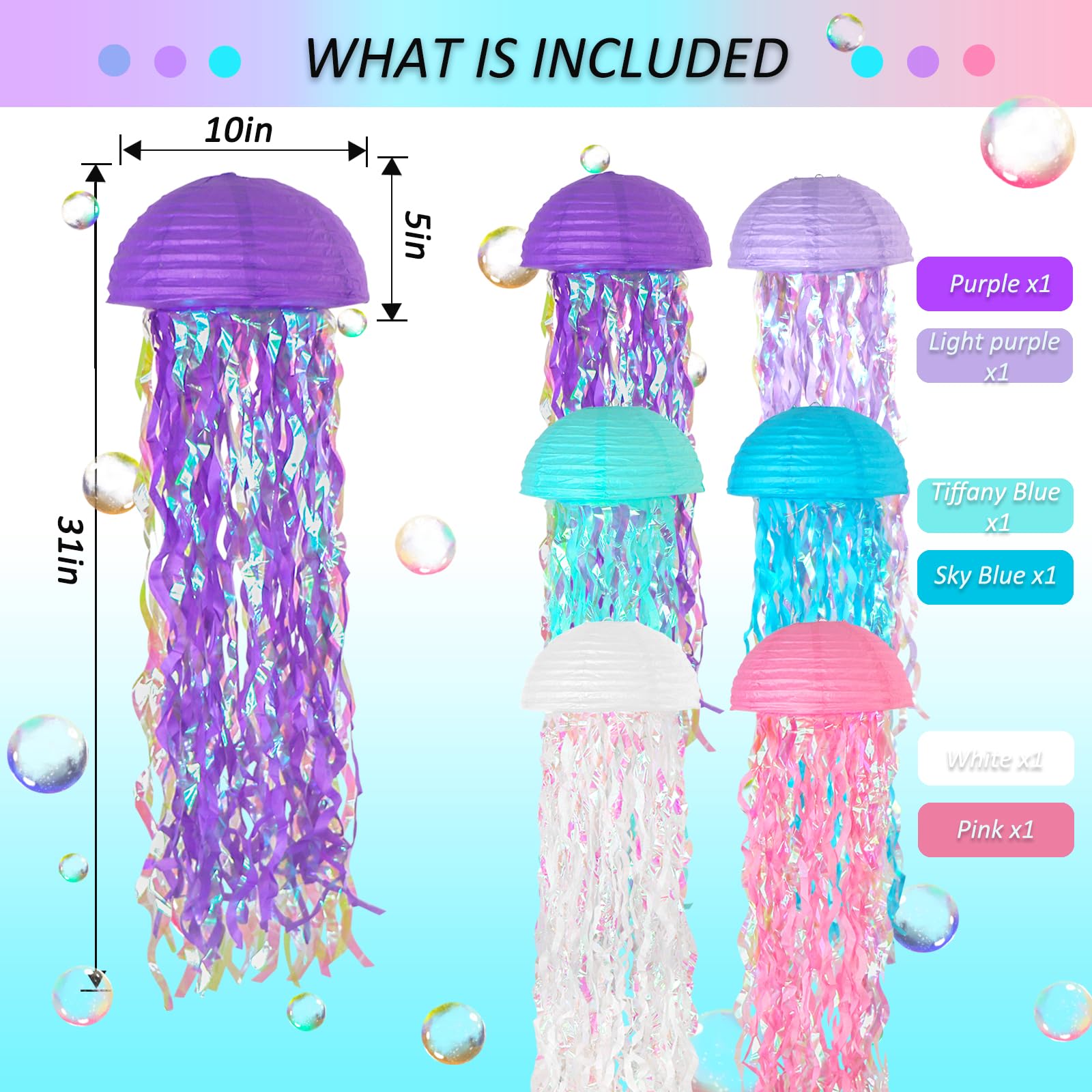 MEIDUO Jellyfish Paper Lanterns - 6 Packs Ocean Theme Party Supplies, Mixed White, Model MEIDUO414