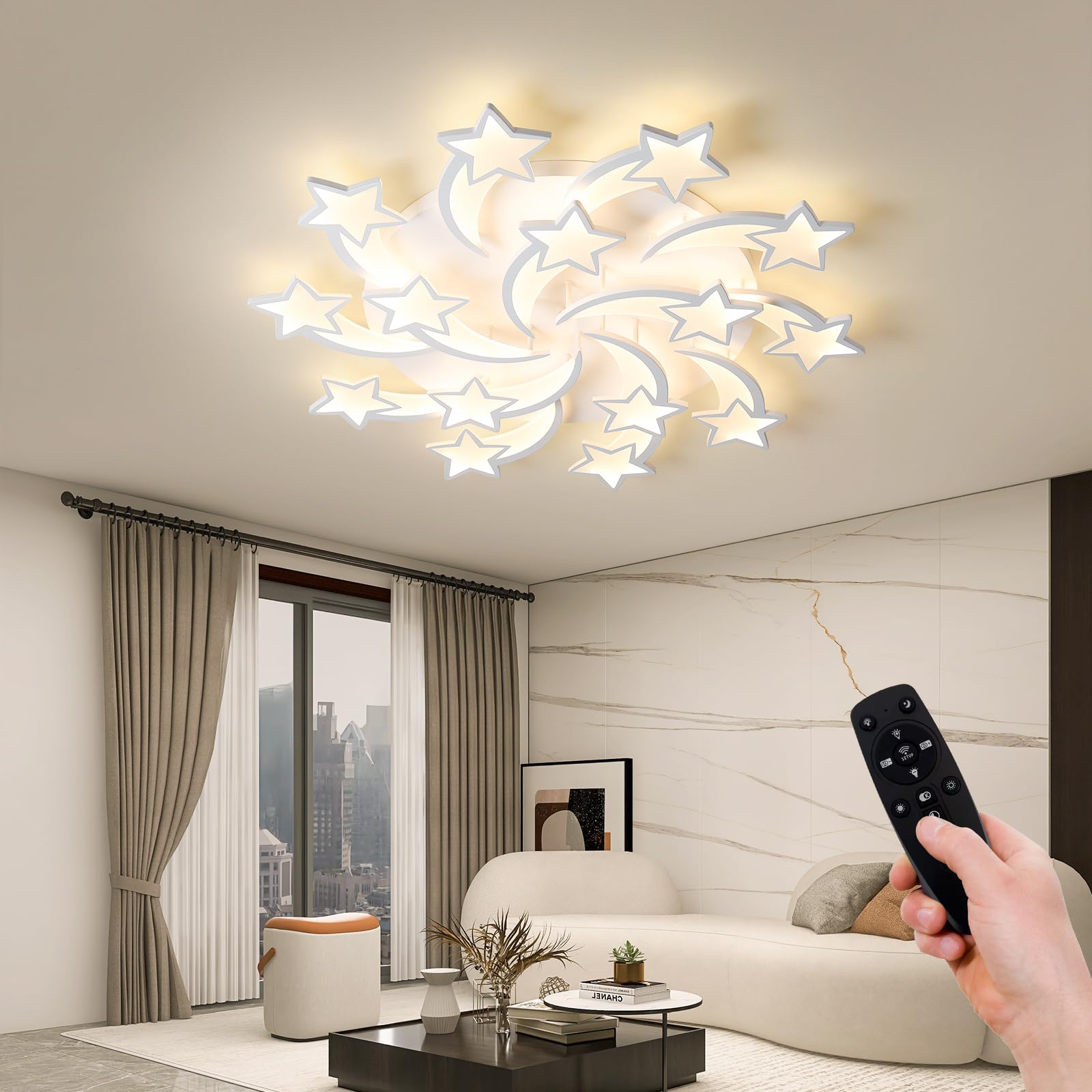 JAYMP Star Shaped Ceiling Light Dimmable LED Lamp Remote Control 100cm Iron White/15 Stars Model GB6097