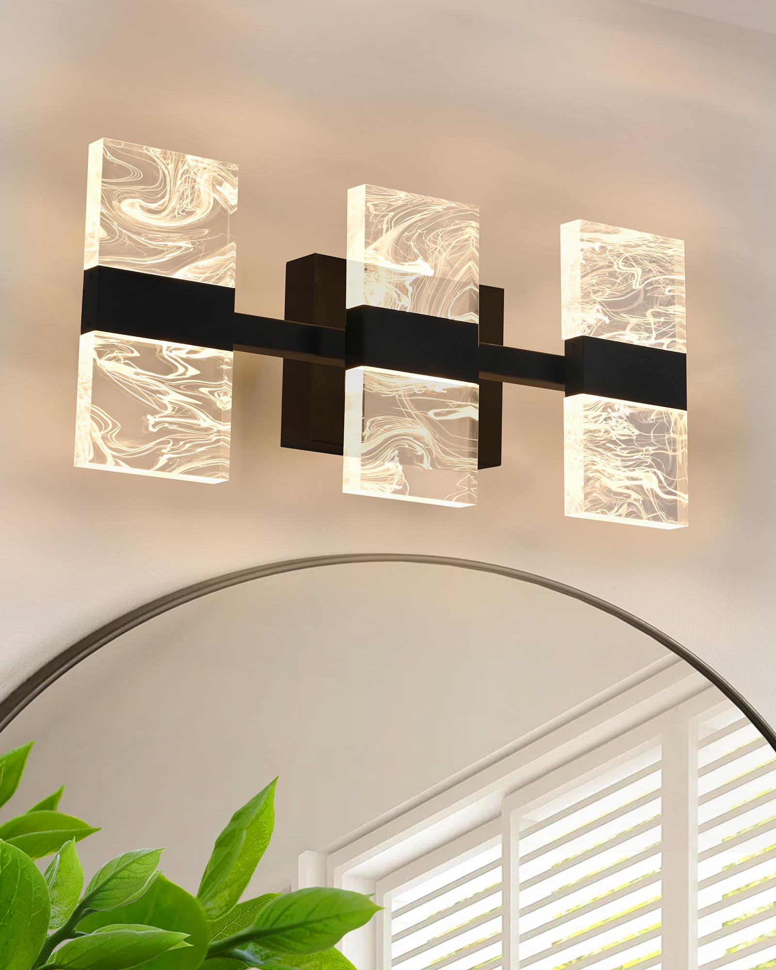 WINSHEN LED 3000K Black Bathroom Light Fixture  Modern 3-Lights Vanity Lighting with Smoke Acrylic Shades  Wall Lamp Over Mirror for Kitchen Bedroom (Integrated Led Chips Included)