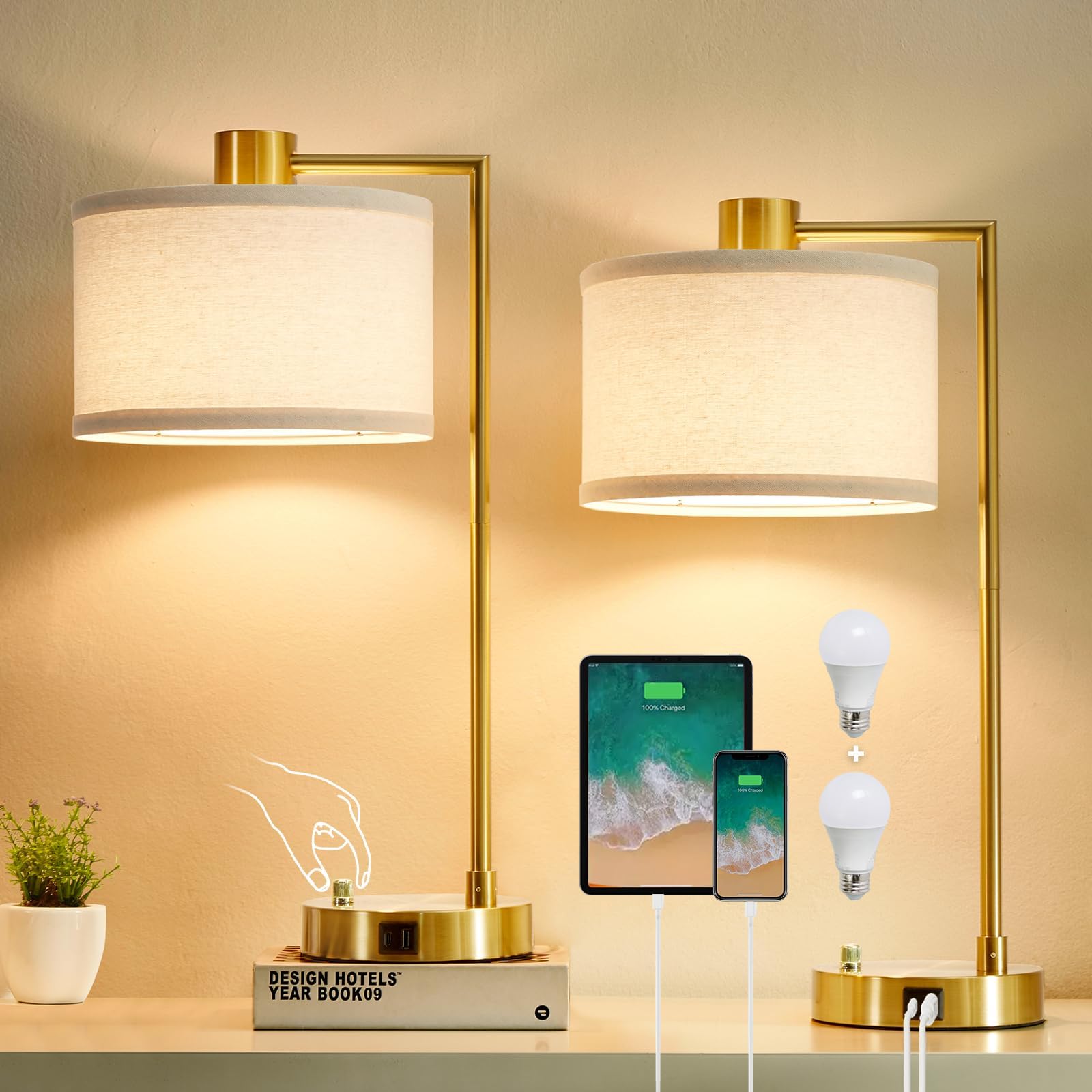 Luvkczc Table Lamp with USB C+A Ports, Fully Dimmable, Extra Large, Silver, Includes 2 LED Bulbs