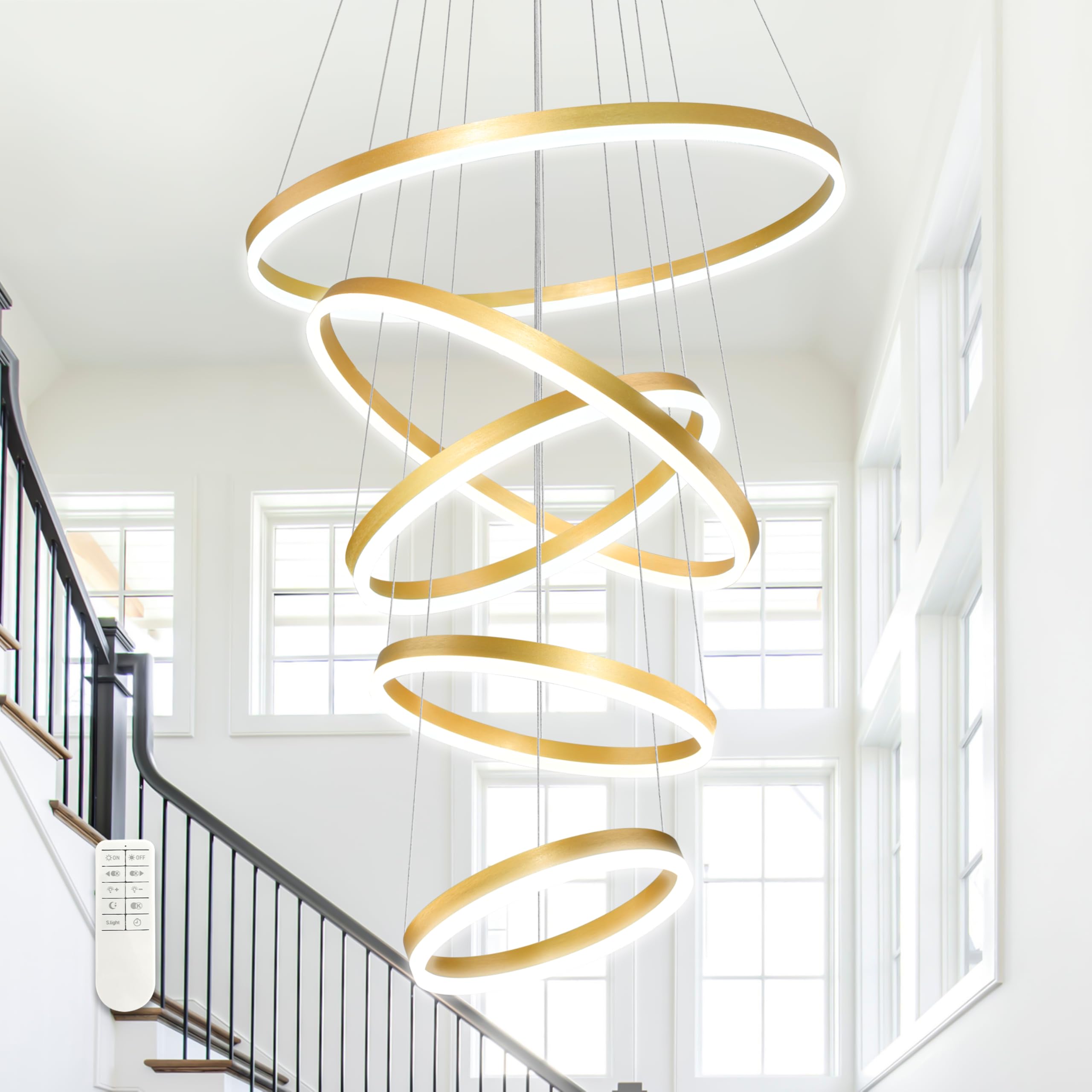 Mccokaige 5 Rings Pendant Lights Modern Gold Led Chandelier Gold Modern Led Pendant Light Dimmable Height Adjustable Chandeliers