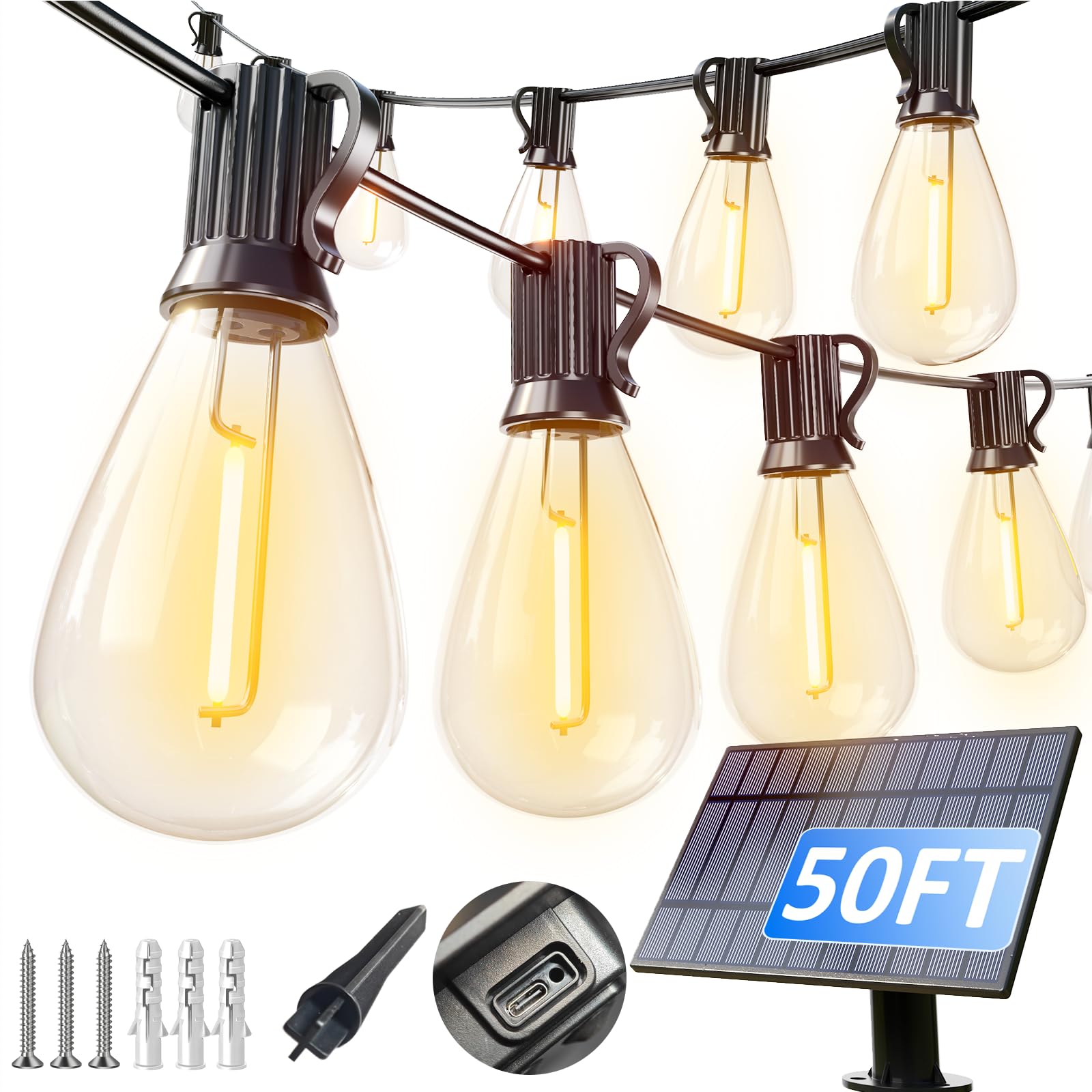 luckystyle Solar String Lights 50FT Waterproof 18+1 LED Bulbs Commercial Grade Black LK-S11-050