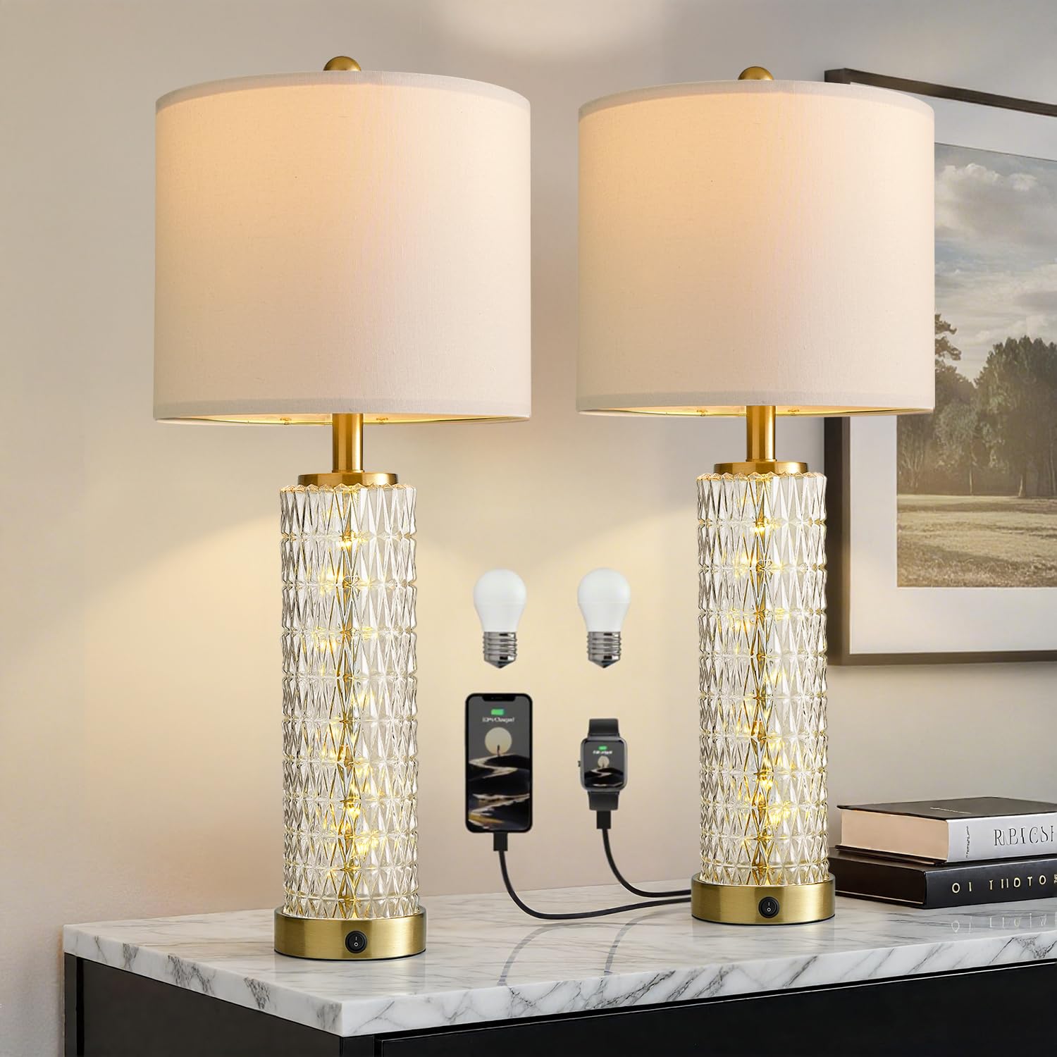 Oneach 27.75  Table Lamps Set of 2  Gold Modern Bedside Lamp with LED Night Light  USB A+C  Glass Lamps for Living Room  Bedroom  Nightstand  Office  End Table (2 Bulbs Included)