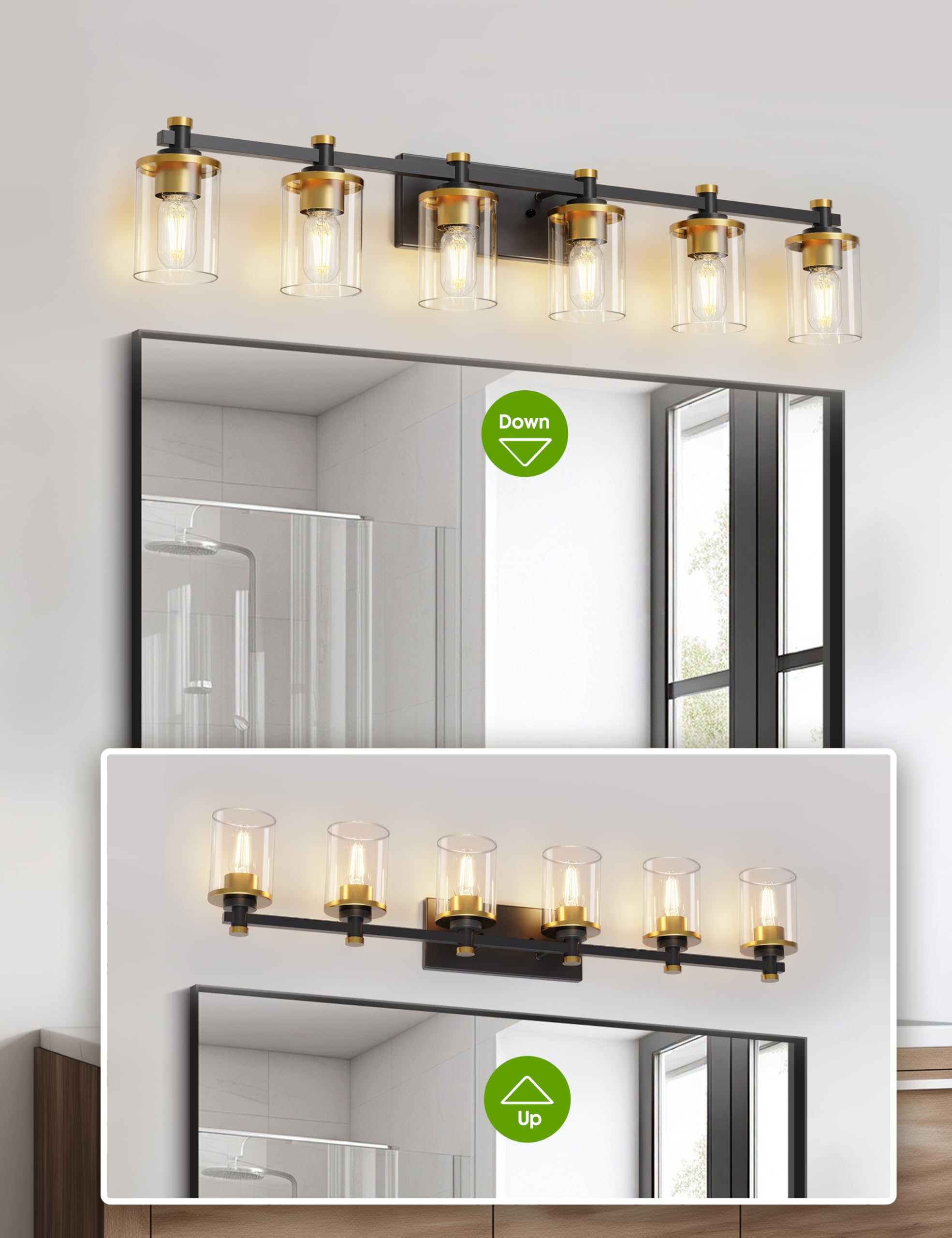 L Lohas Led 6 Light Bathroom Vanity Light  Black And Gold Bathroom Light Fixture Over Mirror  Modern Lighting Fixtures With Clear Glass Shade  Vintage Vanity Lights For Bathroom Mirror Hallway  Etl