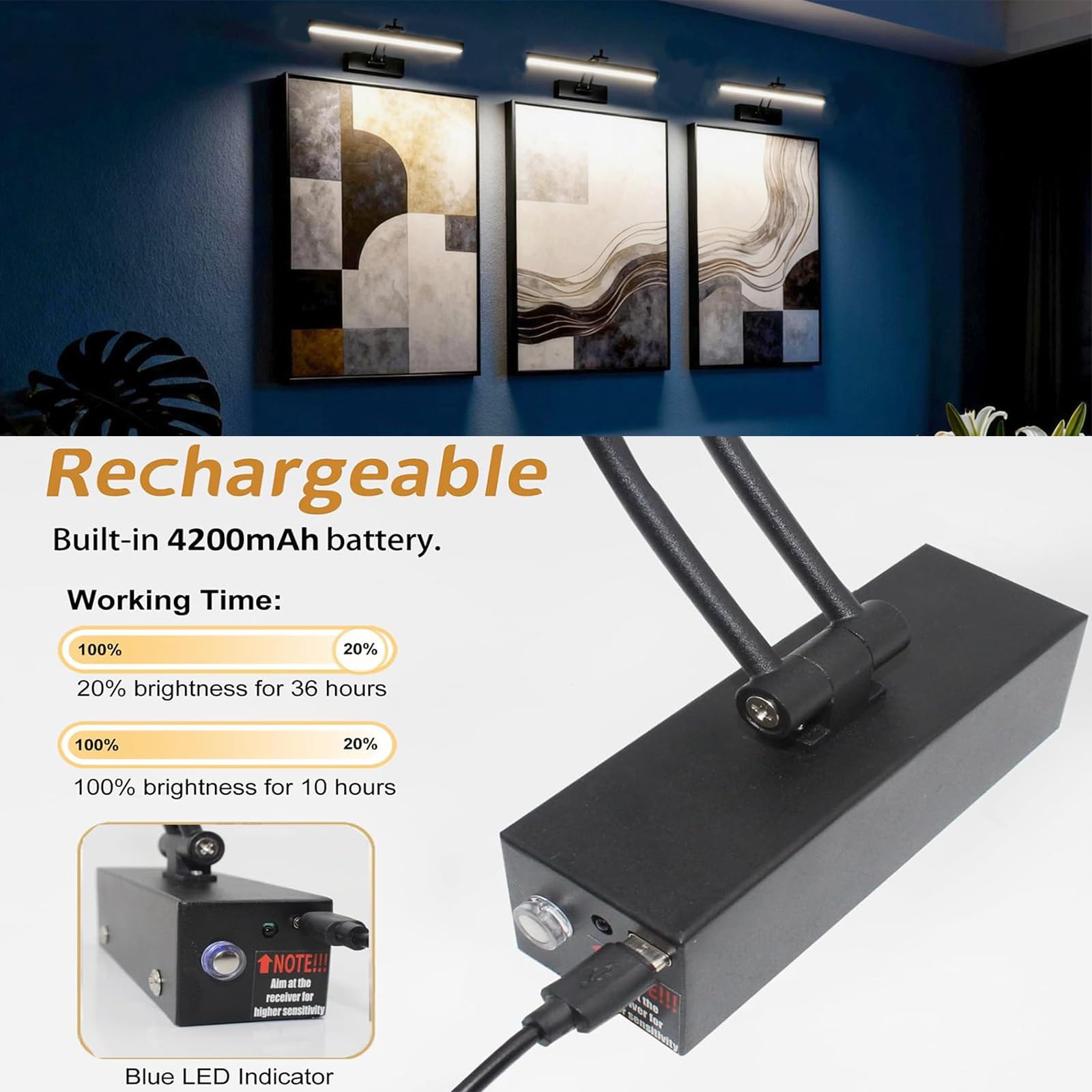 Yuichoy 12" Battery Operated Picture Lights, Dimmable Wireless Art Lighting, Black, Model Yun12-ZH-2HS, 4200mAh, Remote Control