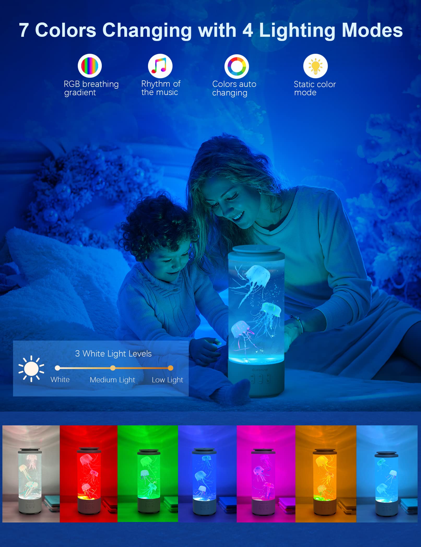 Eyesound Jellyfish Lamp Bluetooth Speaker, 12" White Noise LED Mood Light, Color Changing, Glass Body, Ideal for Home Office & Relaxation