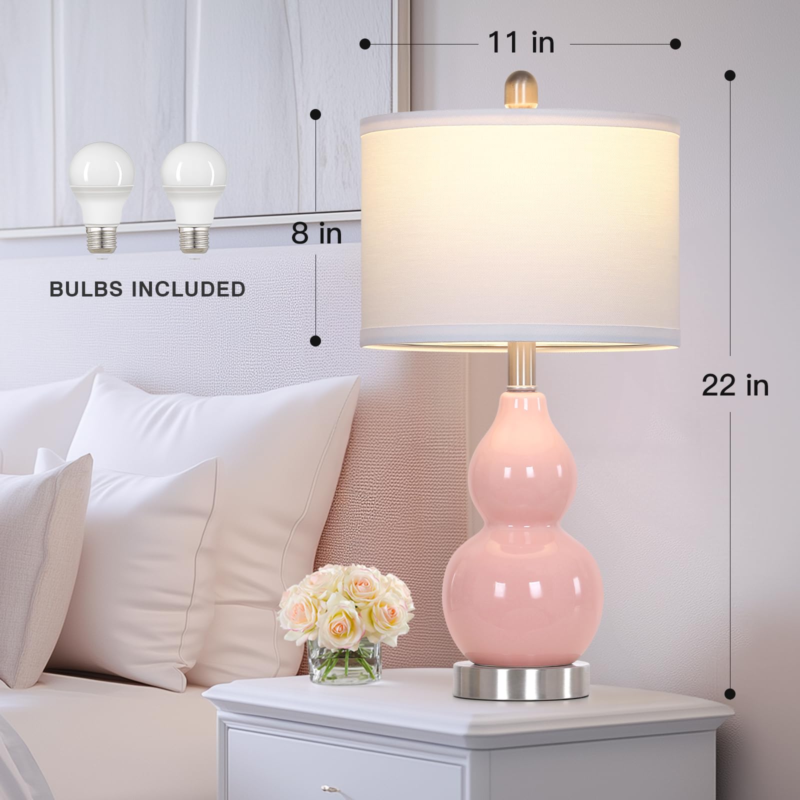 Rinweey Double Gourd Ceramic Table Lamps Set of 2, Modern Pink Nightstand Lamps for Bedroom, Bulb Included, Large Size
