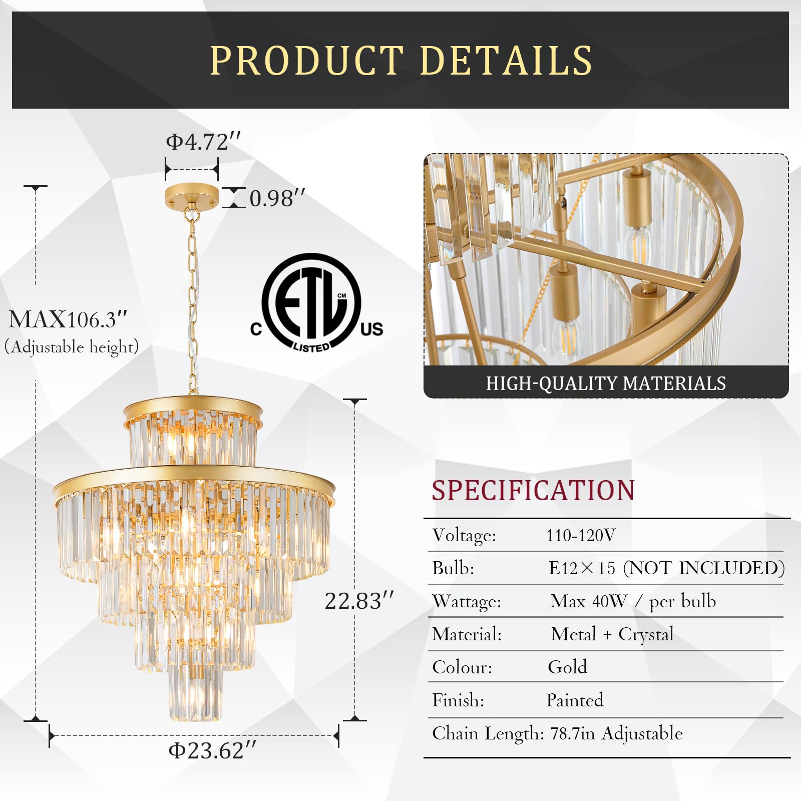 Catiner Modern Gold Crystal Chandelier 15 Lights 24'' Round Light Fixture Luxury 5-Tier K9 Crystals Chandelier Contemporary Pend