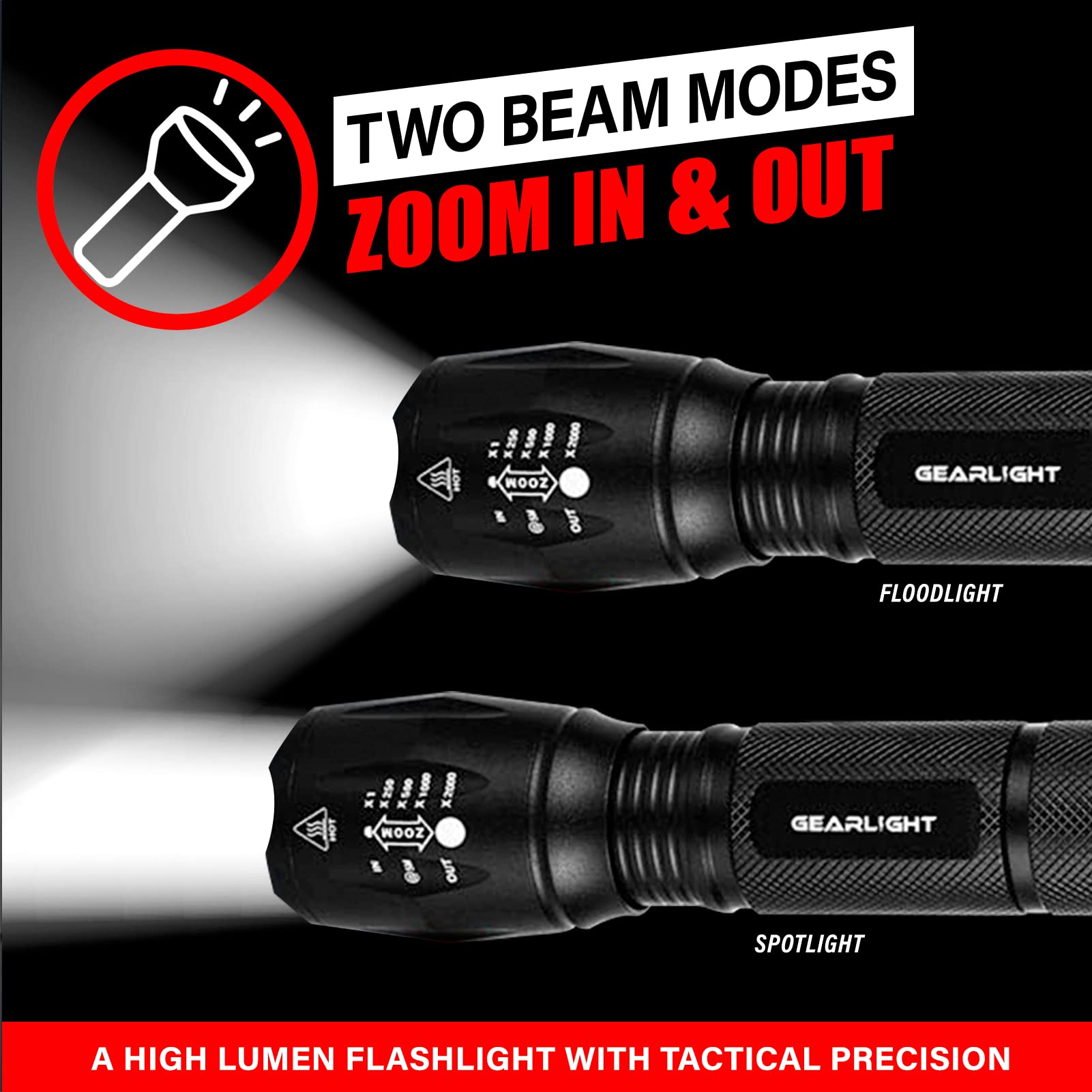 GearLight S1000 LED Flashlight - Bright, Zoomable, 5 Modes, Aluminum, 1 Pack (Batteries Included) - Tactical Camping Accessory