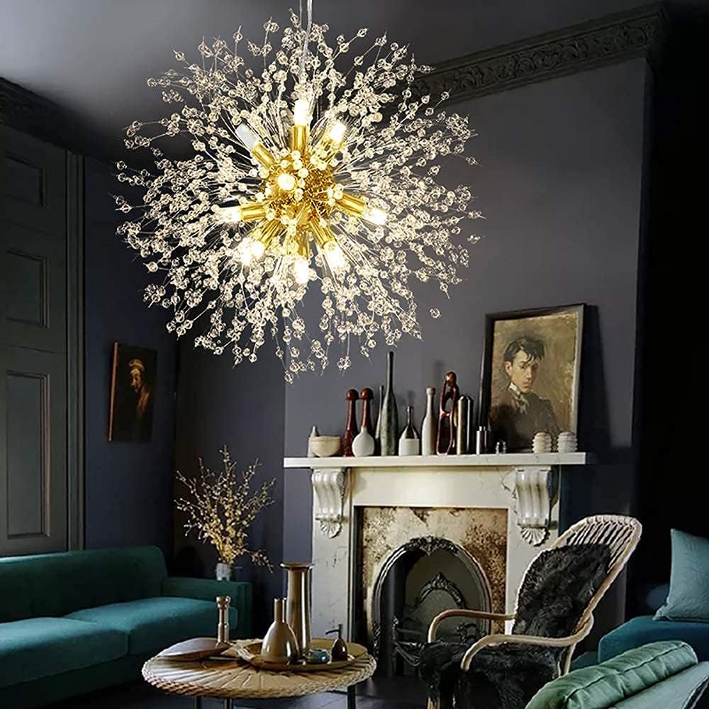 Vikaey Modern Dandelion Firework Chandelier, Gold Dining Room Chandelier, Crystal Hanging Pendant Lighting Fixture For Living Room, Bathroom, Bedroom, Entryway, 12-Light
