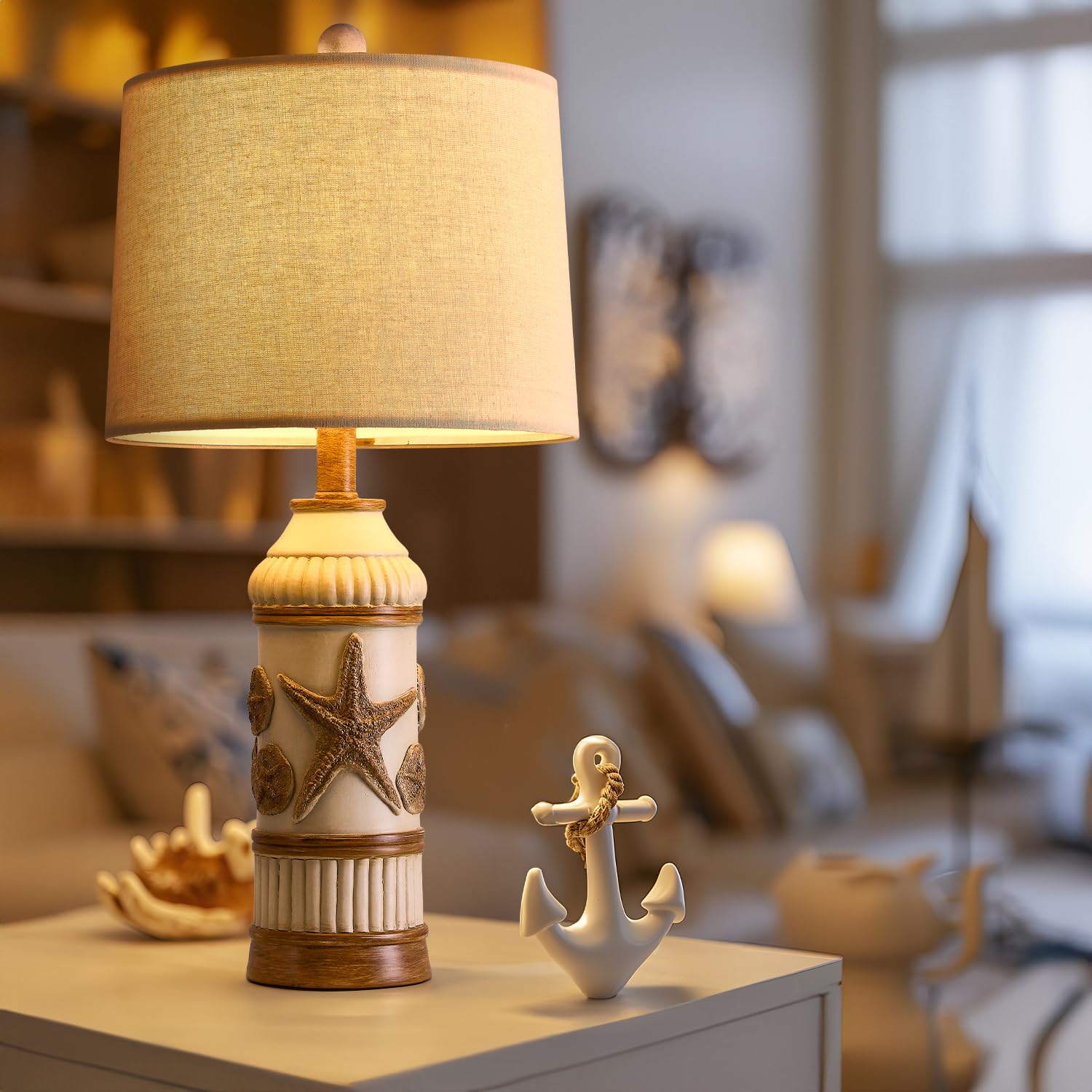 OYEARS 24" Boho Table Lamp - Coastal Nautical Design, Off White, Vintage Retro Style for Bedroom & Living Room Decor
