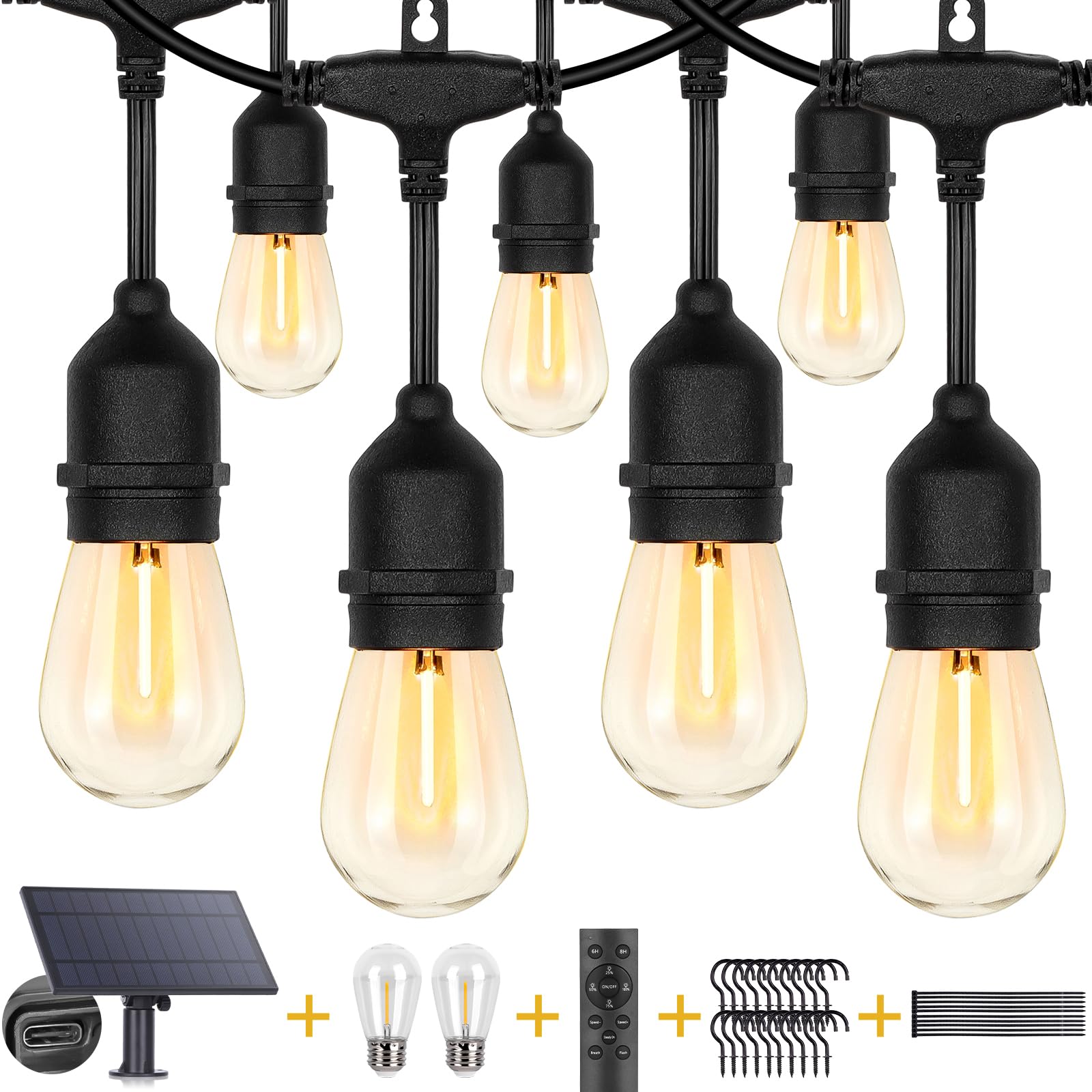 ZJOJO Solar String Lights Outdoor IP65 Waterproof 100FT with 30+2 Shatterproof Bulbs, Black, Solar Powered for Patio Decor