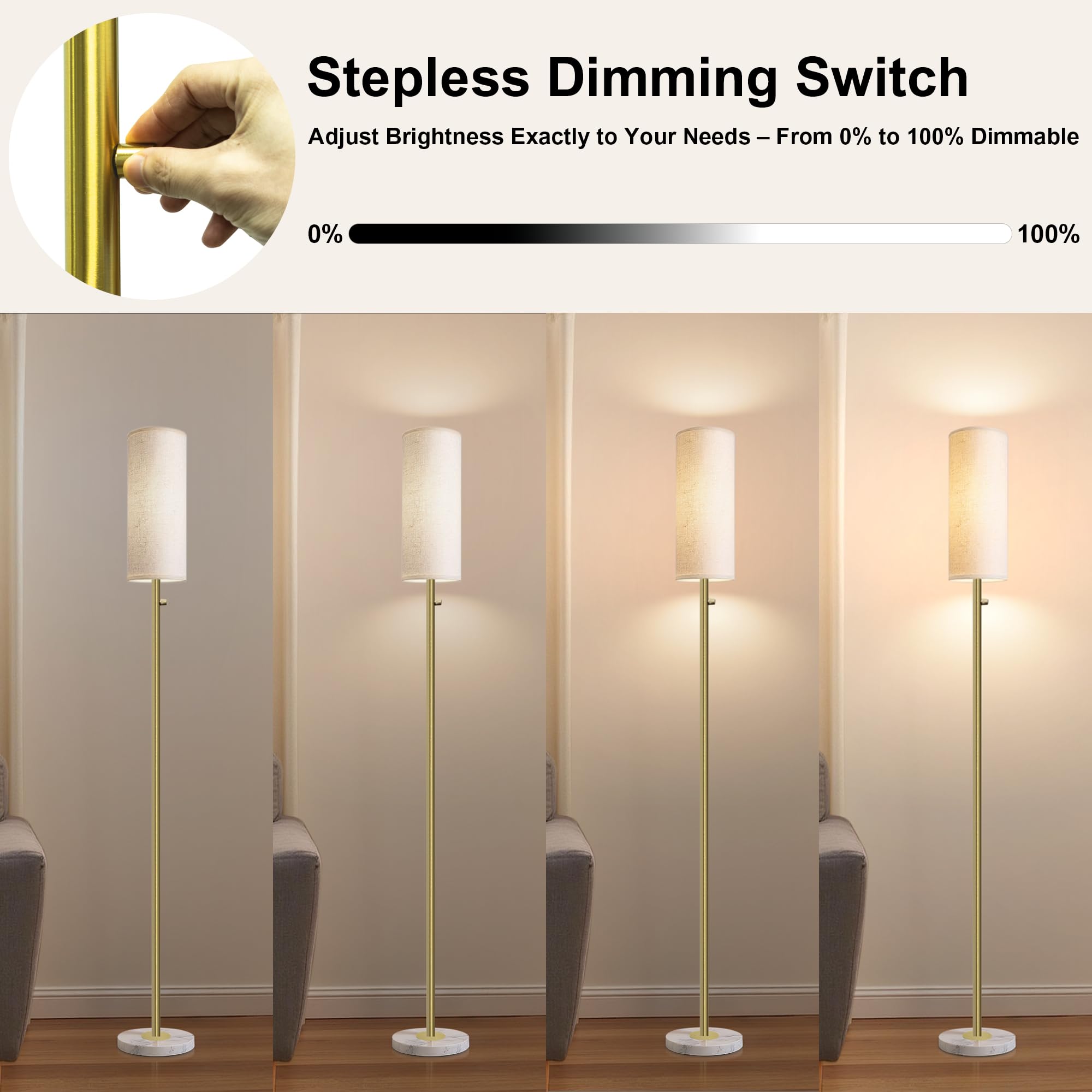 Aulaiyi Gold Floor Lamp, Dimmable Modern Standing Lamp with Marble Base, 64.1in H, Natural Linen Shade, Model WK011