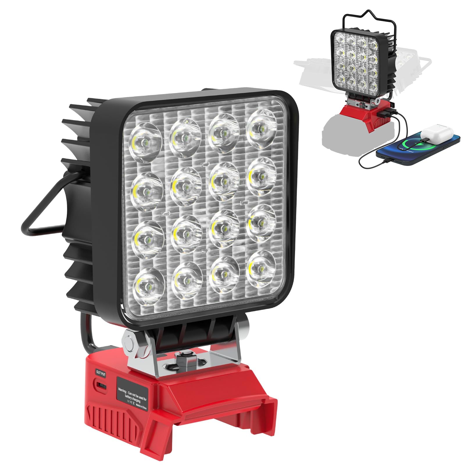 Cordless LED Work Light Compatible with Milwaukee 18V Battery, 48W 4800LM LED Light with Dual USB &Type-C Port, Flashlight with 