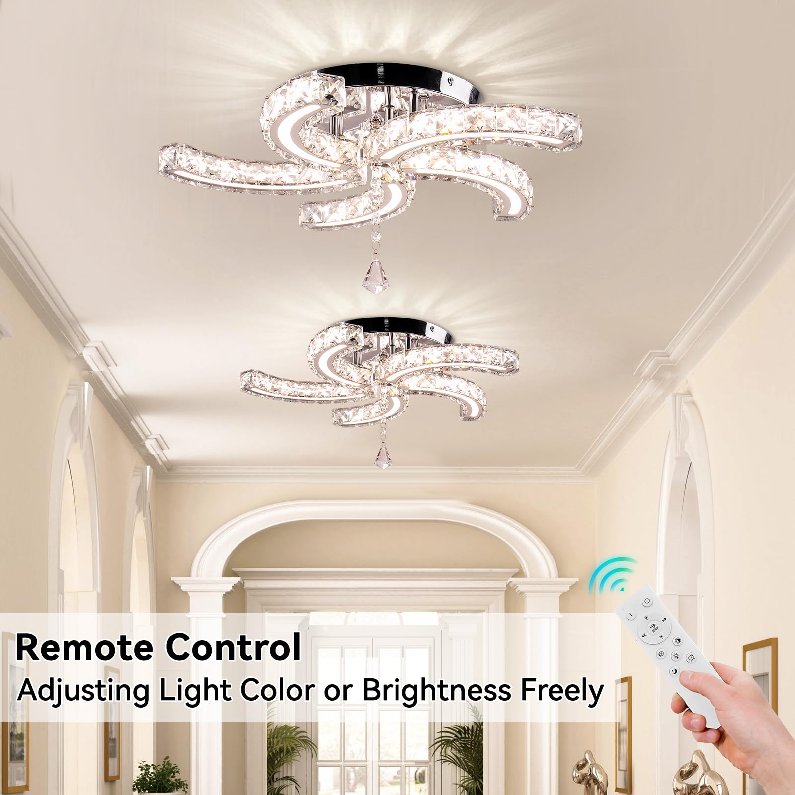 Cainjiazh 19.7 Dimmable Crystal Chandeliers Modern Crystal Ceiling Light Fixtures Acrylic 5 Arms Led Flush Mount Ceiling Light L