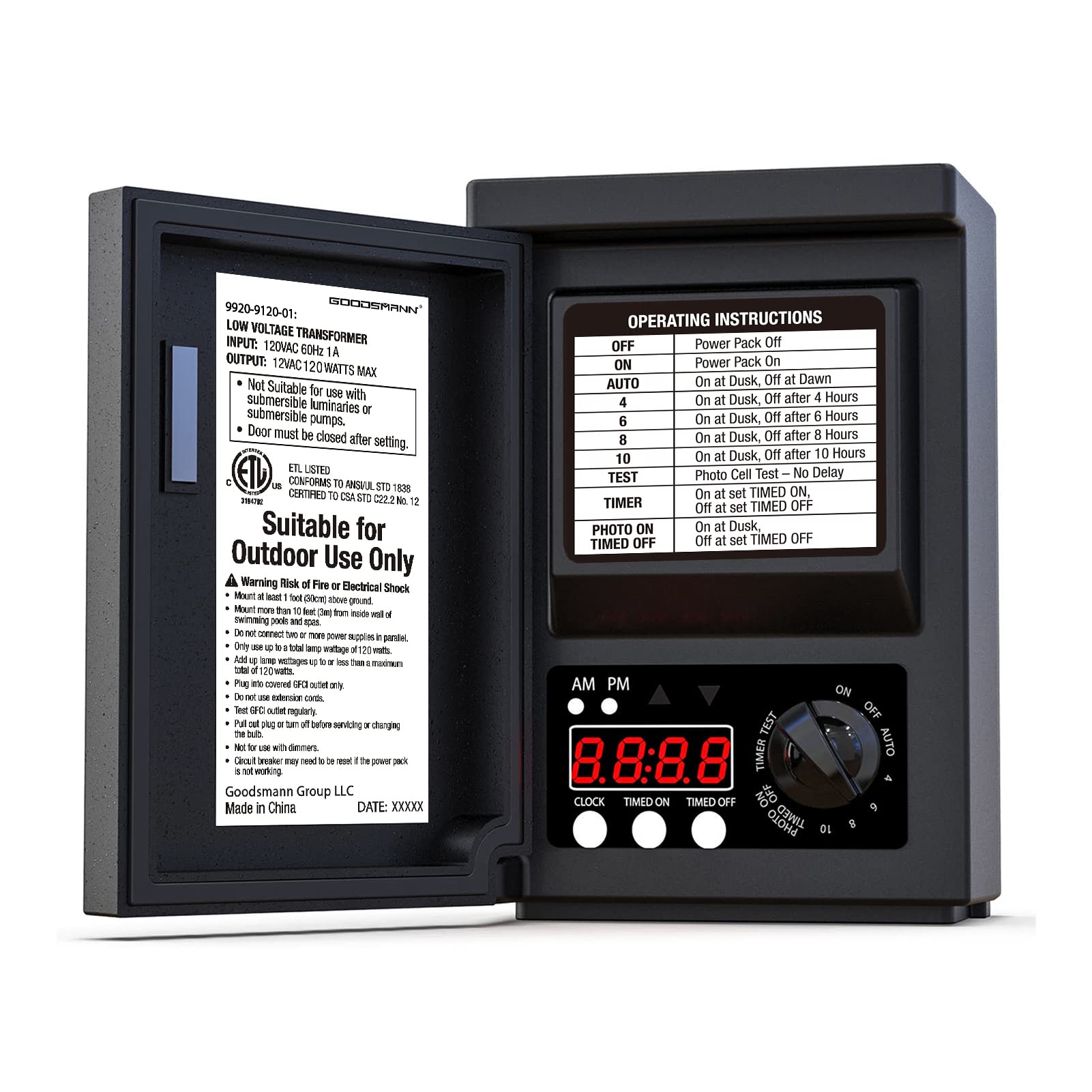 GOODSMANN Low Voltage Transformer 120W for Landscape Lights, Photo Eye Sensor, Timer, 12V AC, Black, Model 9920-9120-01