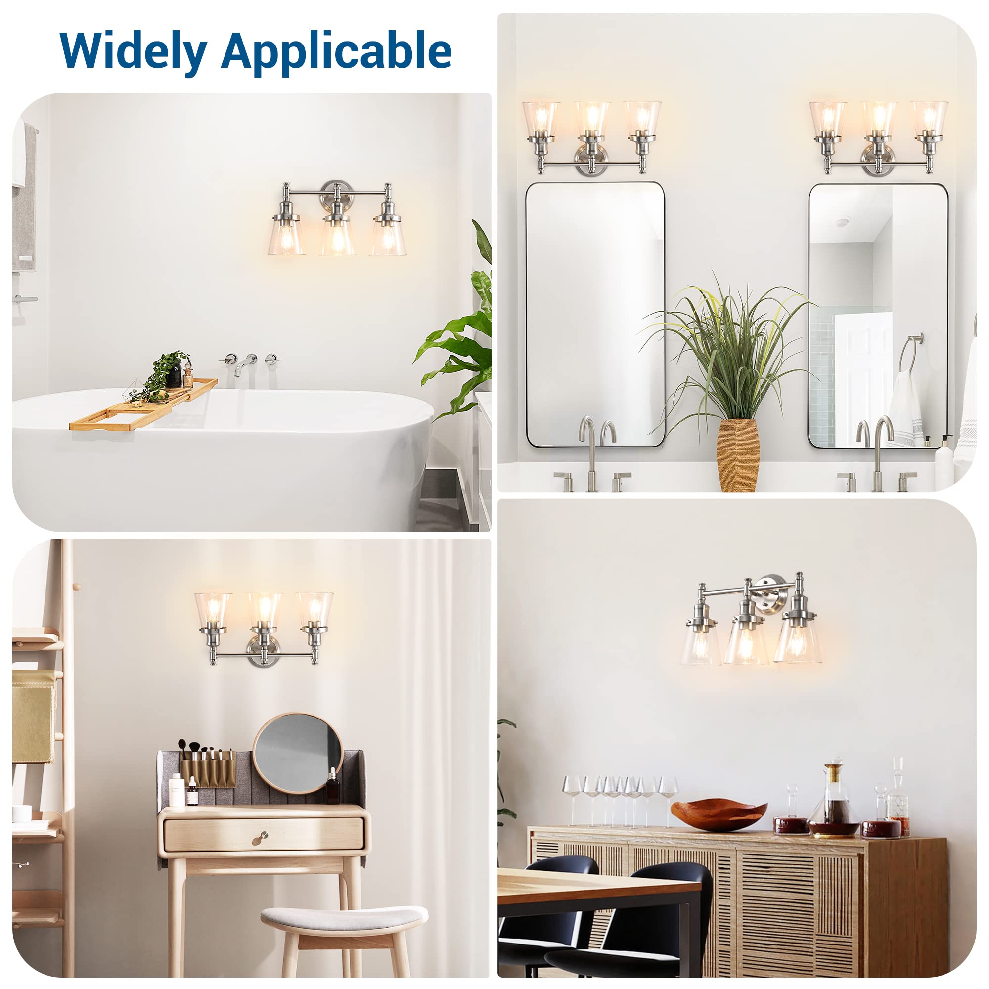 DEWENWILS Bathroom Light Fixtures Set, 5-Piece, 3 Light Brushed Nickel, Metal with Glass Shades, Model HHVL01E