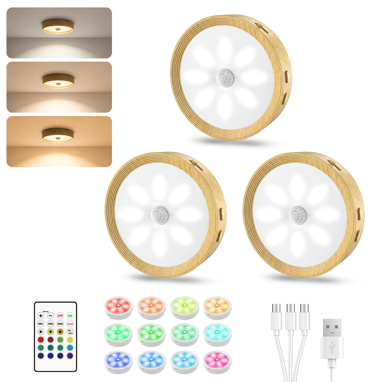 3Pack Under Counter Lights for Kitchen Shelf Lights Stick On Lights Wood