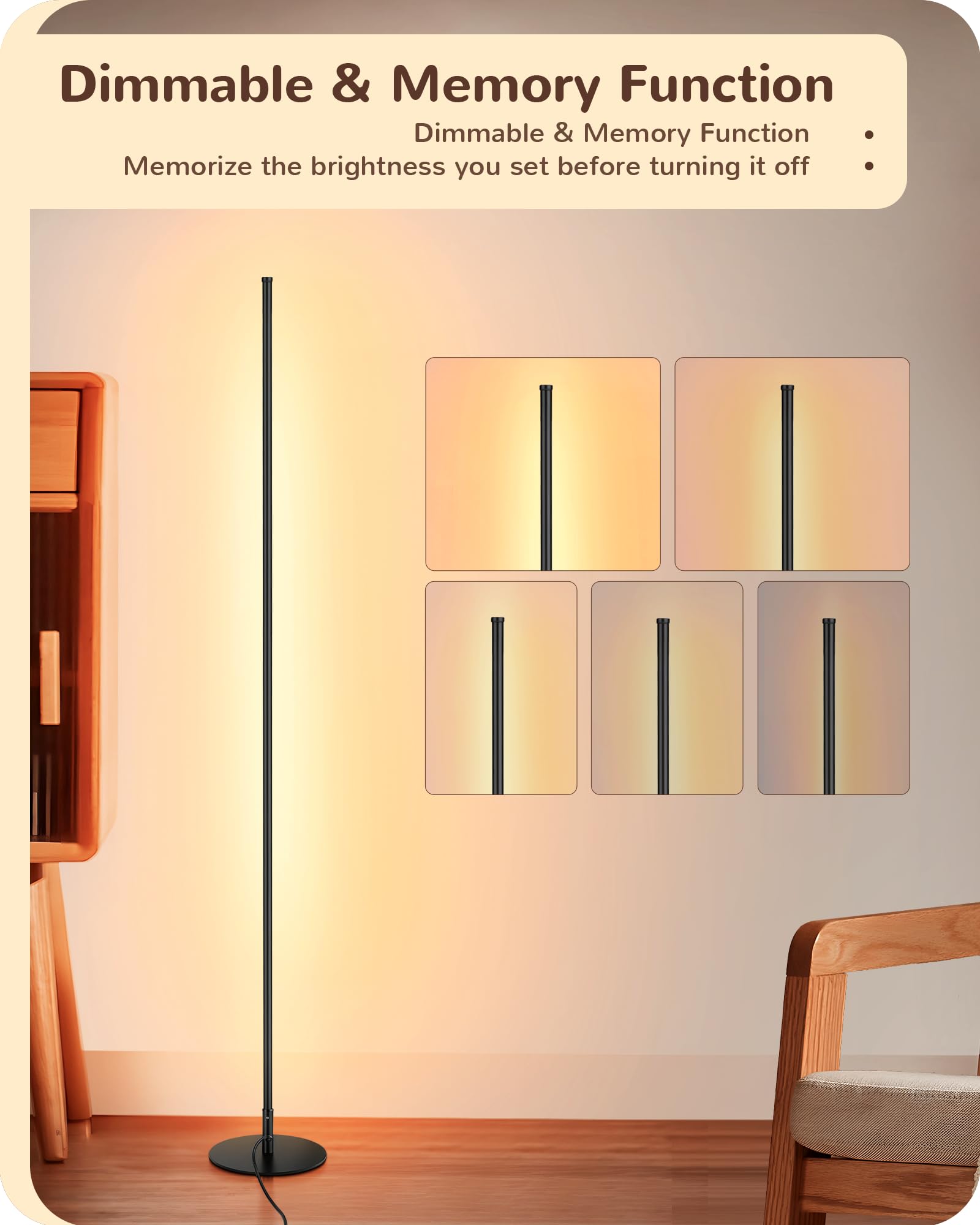 EDISHINE Minimalist LED Corner Floor Lamp with Remote, Set of 2 Modern Dimmable Mood Light, 57.5 Standing Tall Lamp for Living R