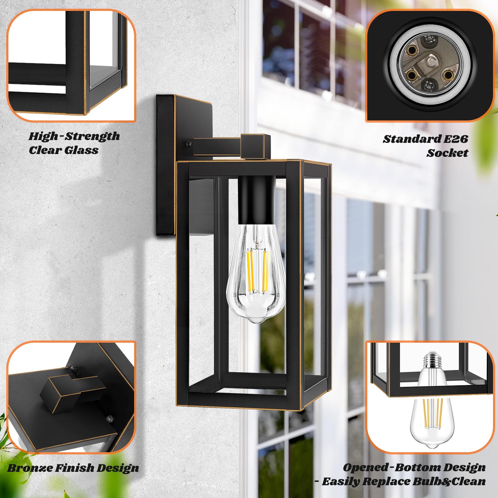 2-Pack Outdoor Wall Light, Waterproof Porch Lights Outdoor, 10'' Bronze Outdoor Lights For House With Clear Glass For House, Por