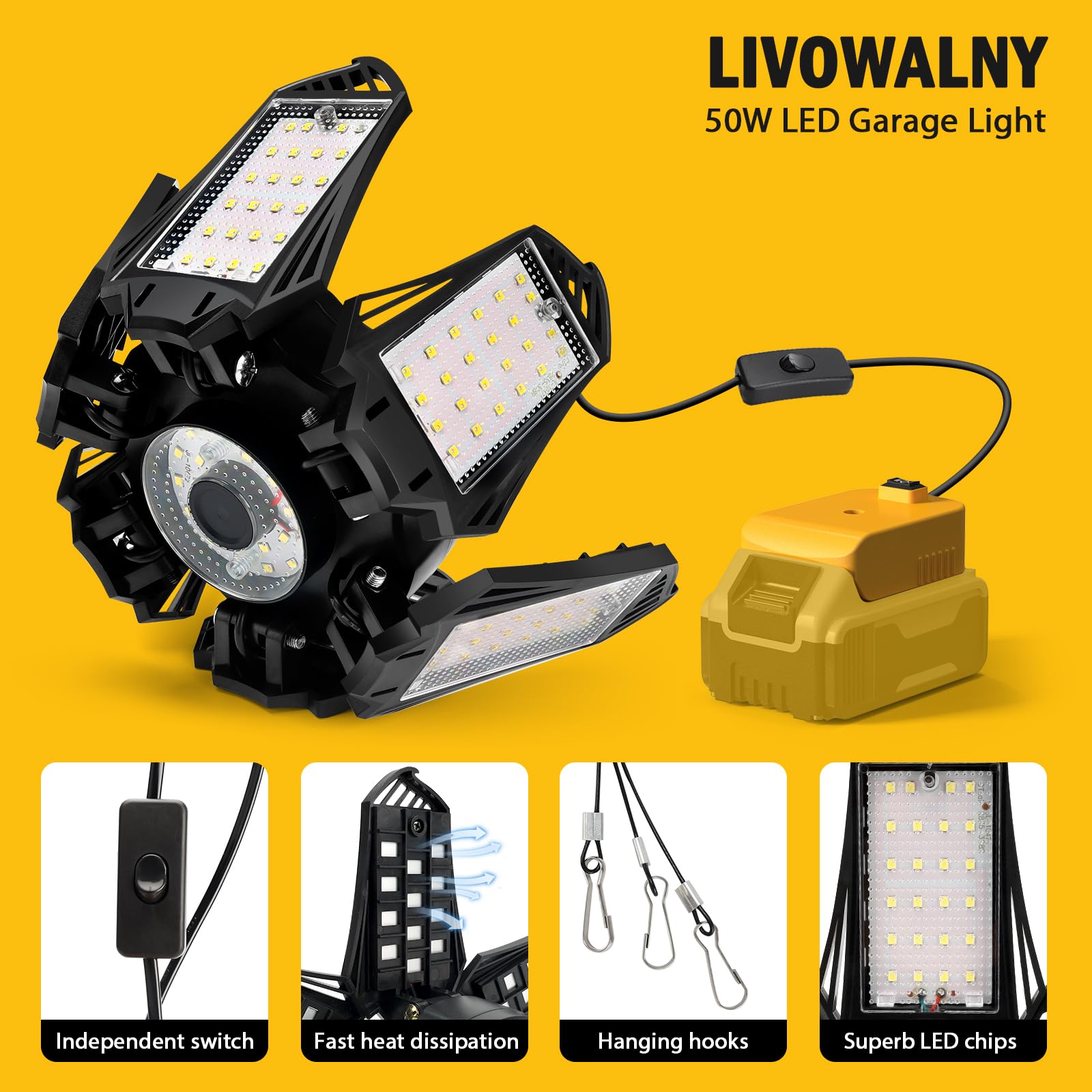 LIVOWALNY LED Work Light for Dewalt 20V Battery - 68W 6800LM Garage Flood Light with 6+1 Deformable Panels