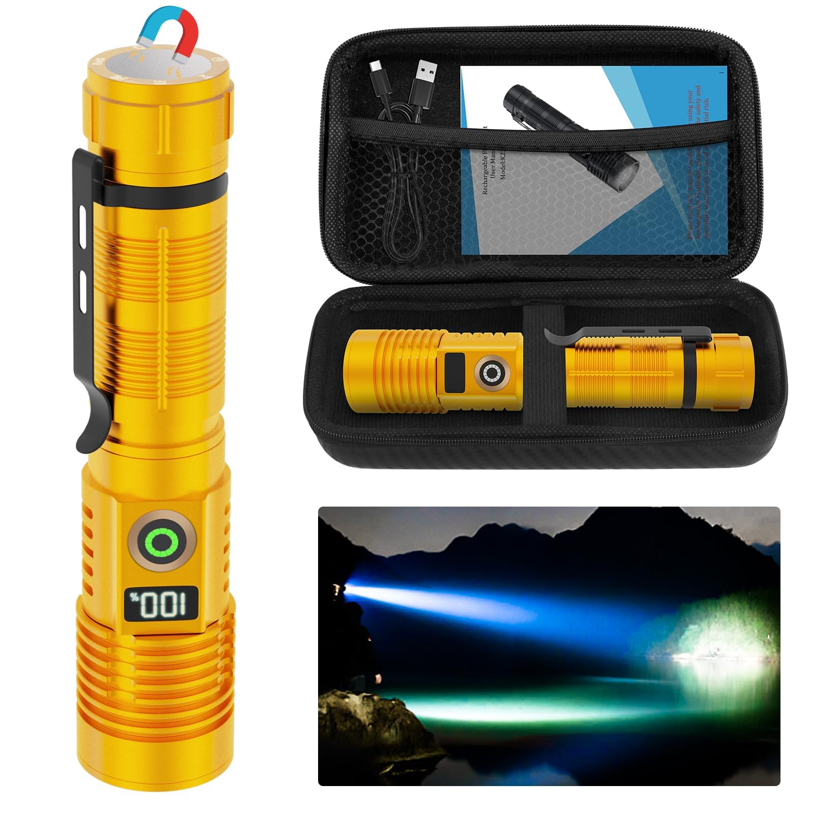 Spriak Rechargeable Flashlight High Lumens- Super Bright Magnetic Flash Light with Power Digital Display,3280Ft Long Range,Dimma