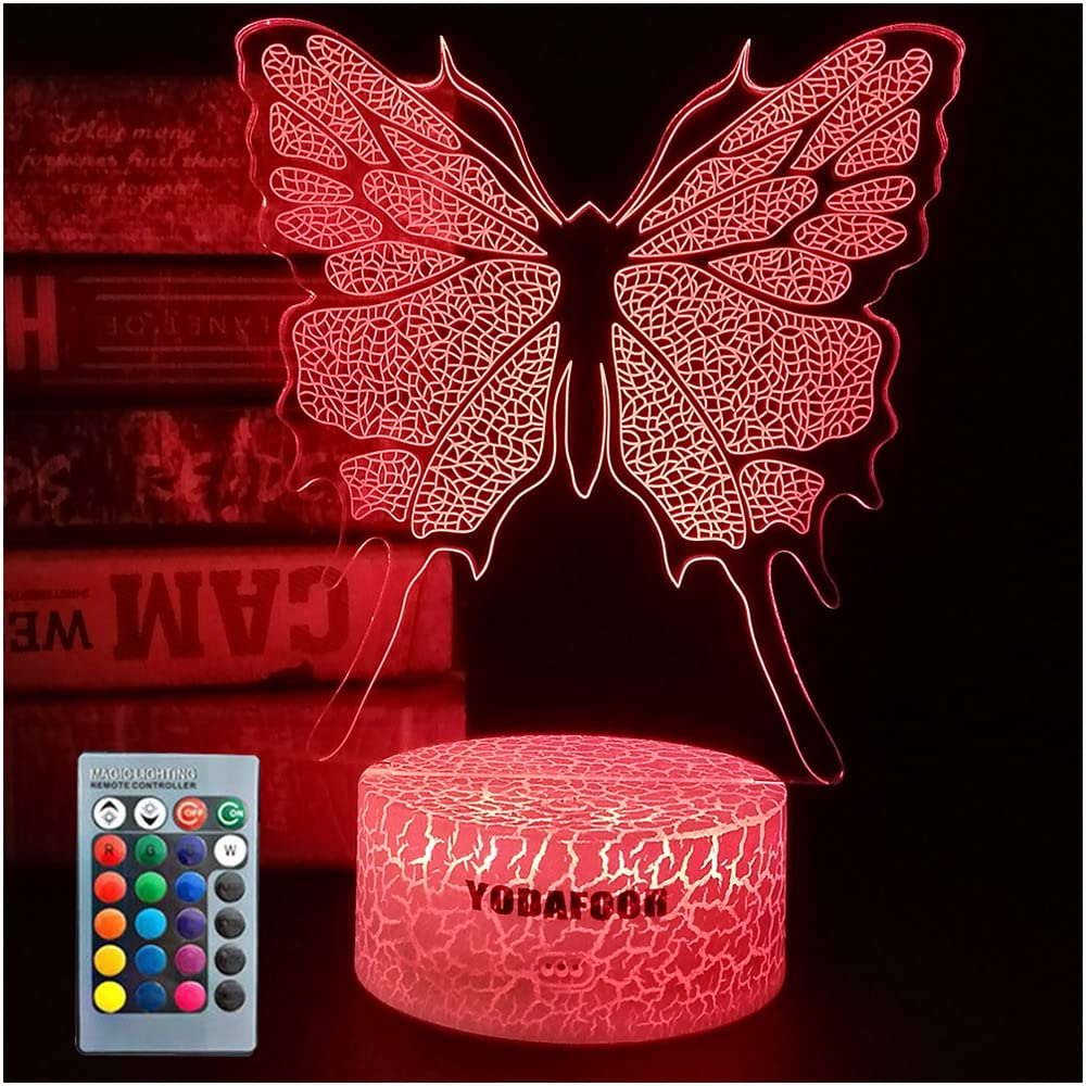 Yodafoor Butterfly Xmas Birthday Gift For Teen Kid Girl Women, 3D Illusion Butterfly Night Light Lamp For Kids Room, Multi Color