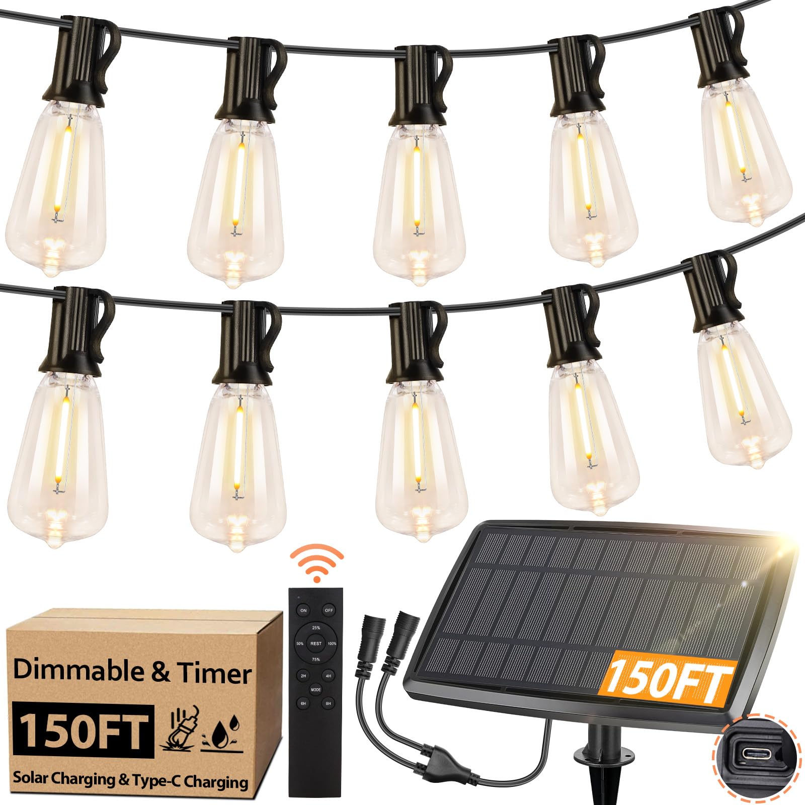 150FT Solar String Lights for Outside, Solar Powered Patio Lights with 52 Shatterproof ST38 Edison Bulbs & Remote Control,Dimmab