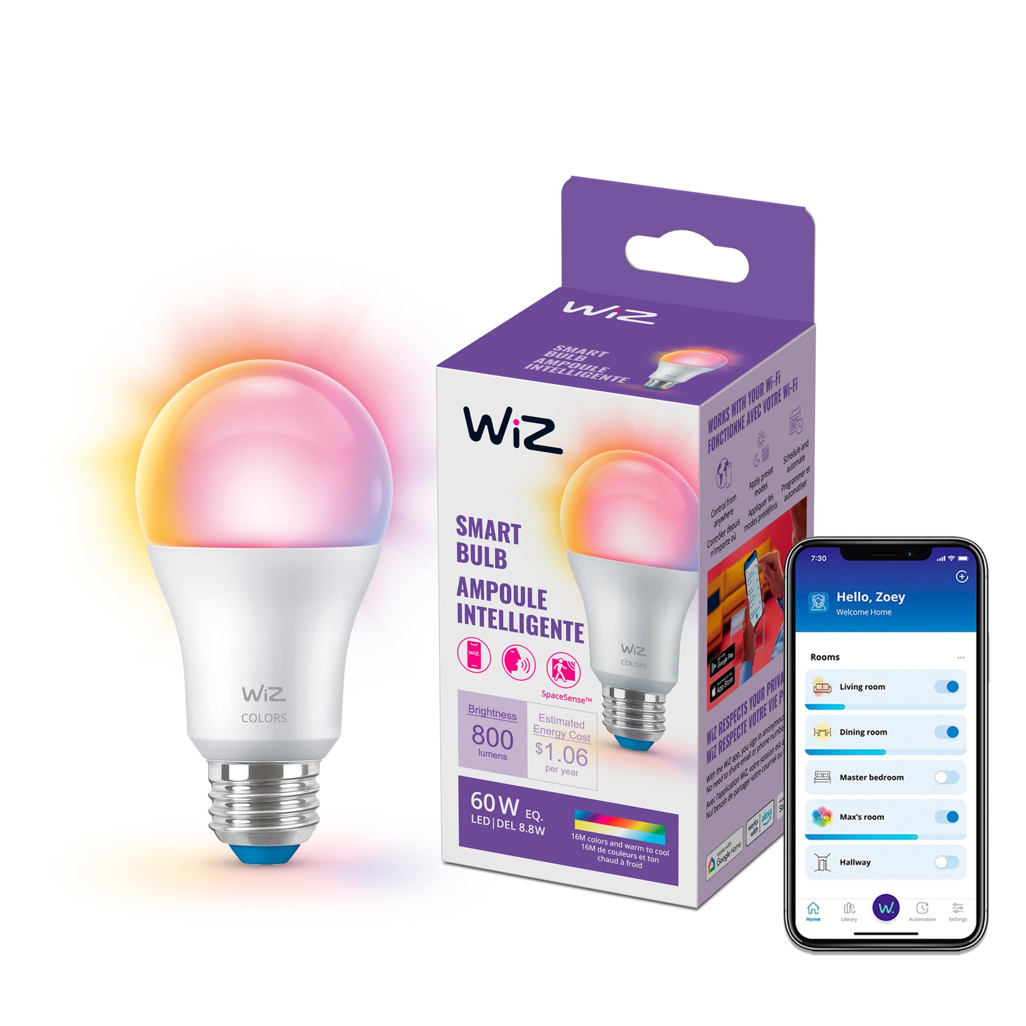 WiZ LED Smart Light Bulbs, Sunset to Sunrise Automation + Motion Detection + Control with Voice or App, Full Color A19 60W 800LM