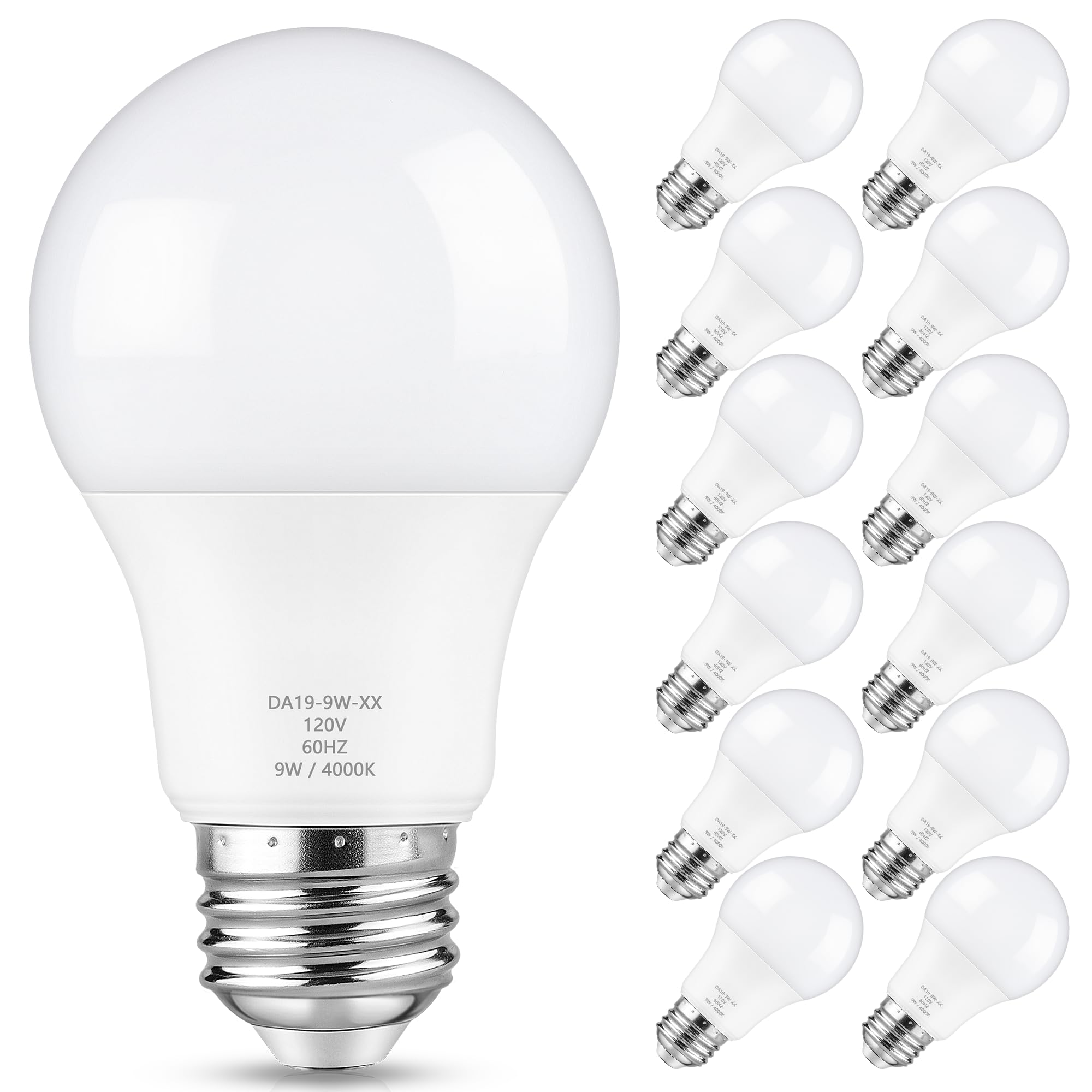 Maylaywood 60 Watt Equivalent A19 Led Light Bulb, Neutral White 4000K, 900Lm, 9W Bright White, E26 Base, Dimmable, Pack Of 12