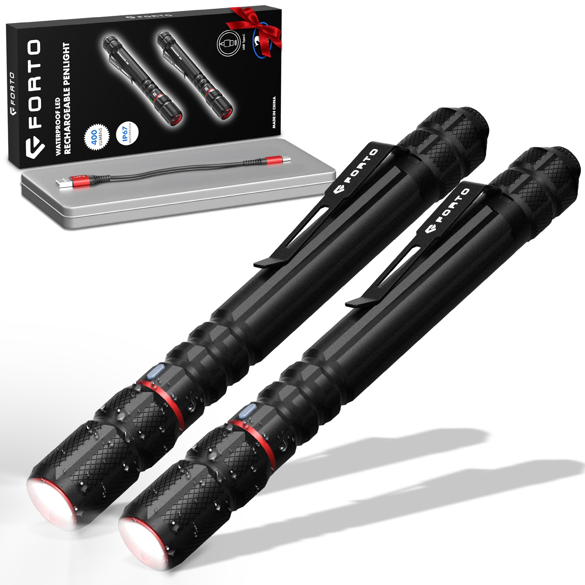 FORTO Rechargeable Pen Light Flashlight, 400 Lumens Small Pocket Flashlight with Clip, IP67 Waterproof, 2 Light Modes, 3-Color B