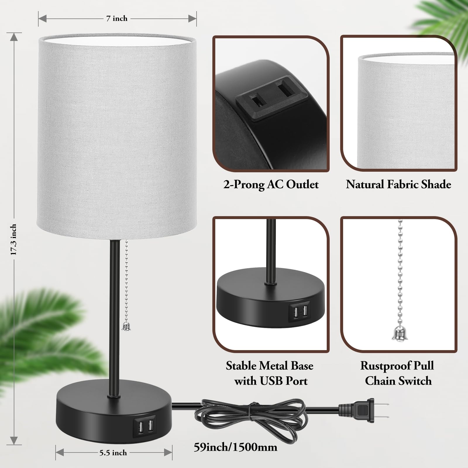 Bosceos Table Lamps Set of 2, Grey Fabric Shade, USB Charging Ports, AC Outlet, Modern Design, Model T0412 BK+GY