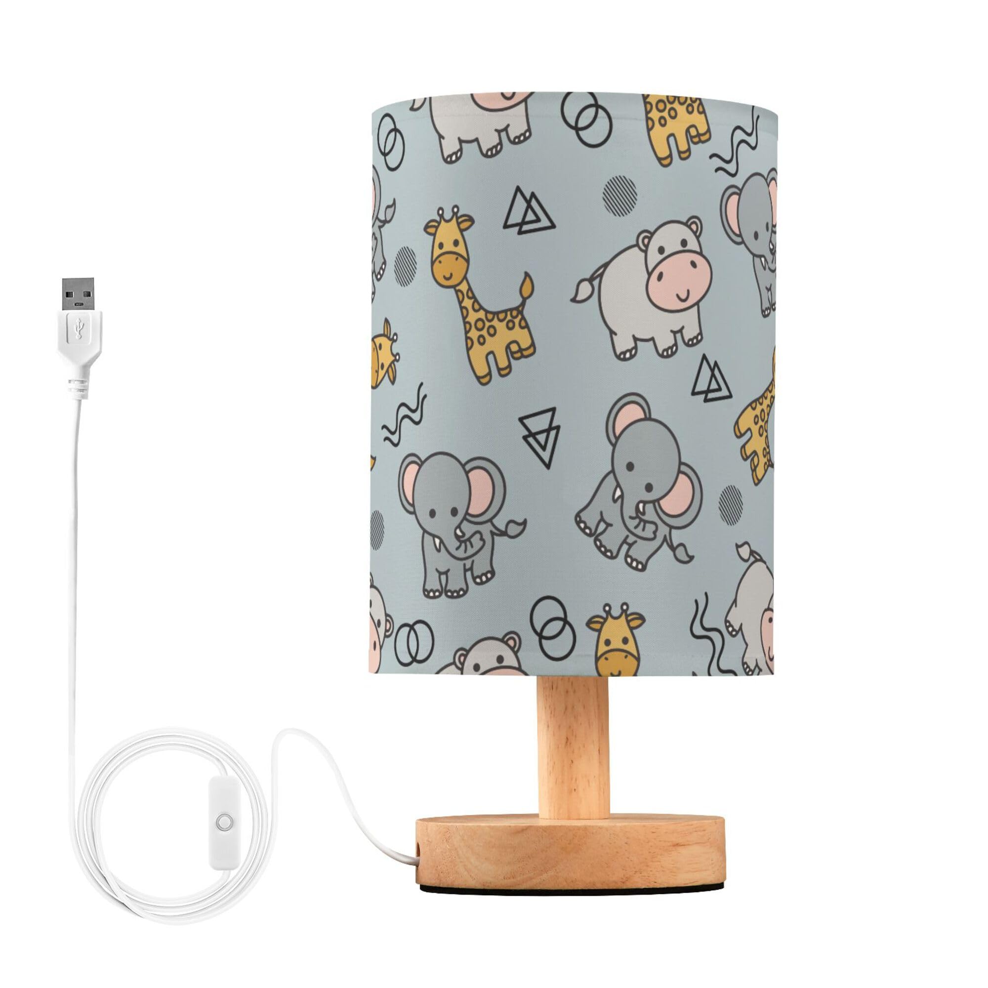 YYZZH Table Lamp Cute Hippo Elephant Giraffe Animal Pattern Nightstand Lamp with Wood Base Fabric Lamp Shade Bedside Desk Lamp f