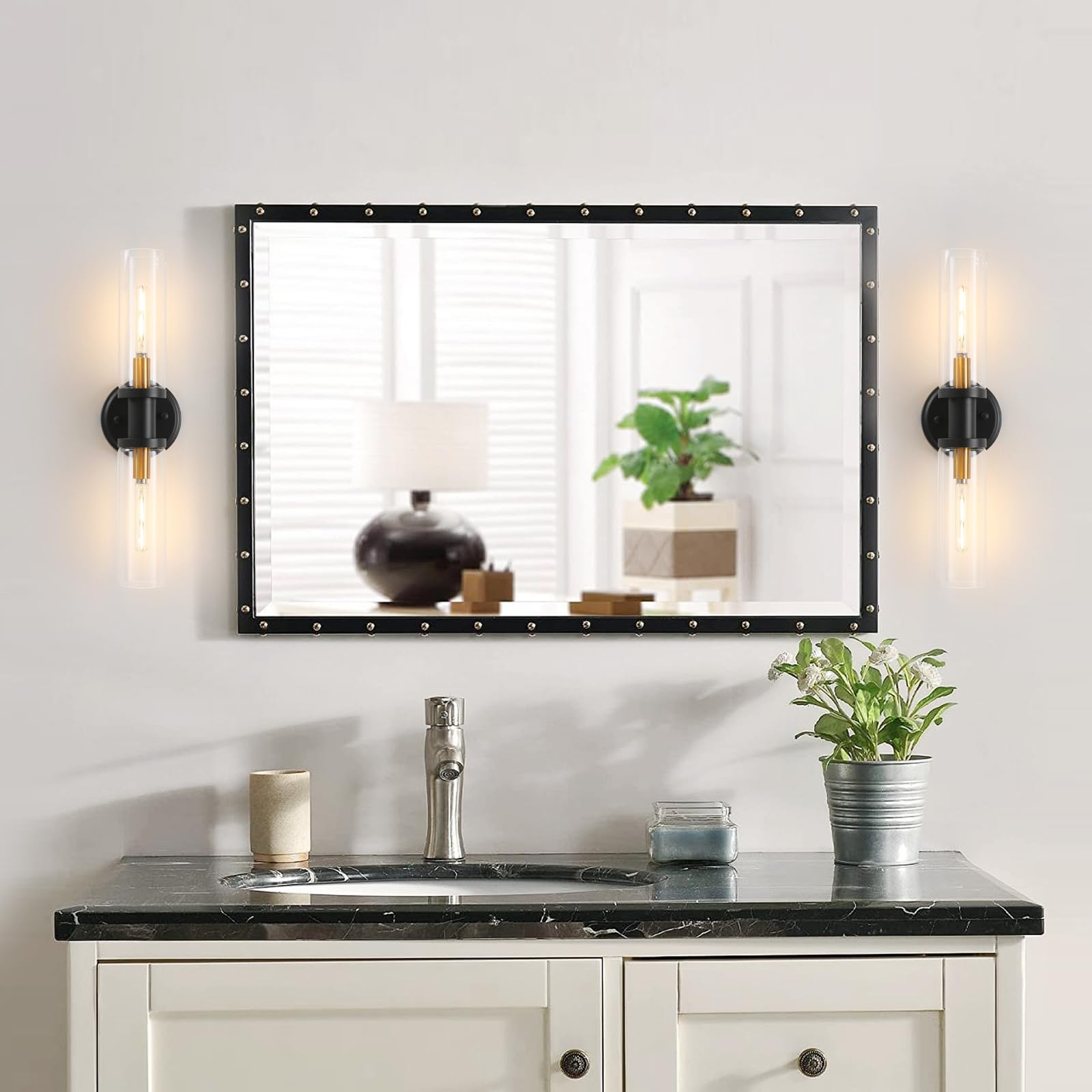 KUZZULL Wall Sconces Set of 2 Black and Brass Gold with Clear Glass Shade, 28in, Indoor Lighting Decor