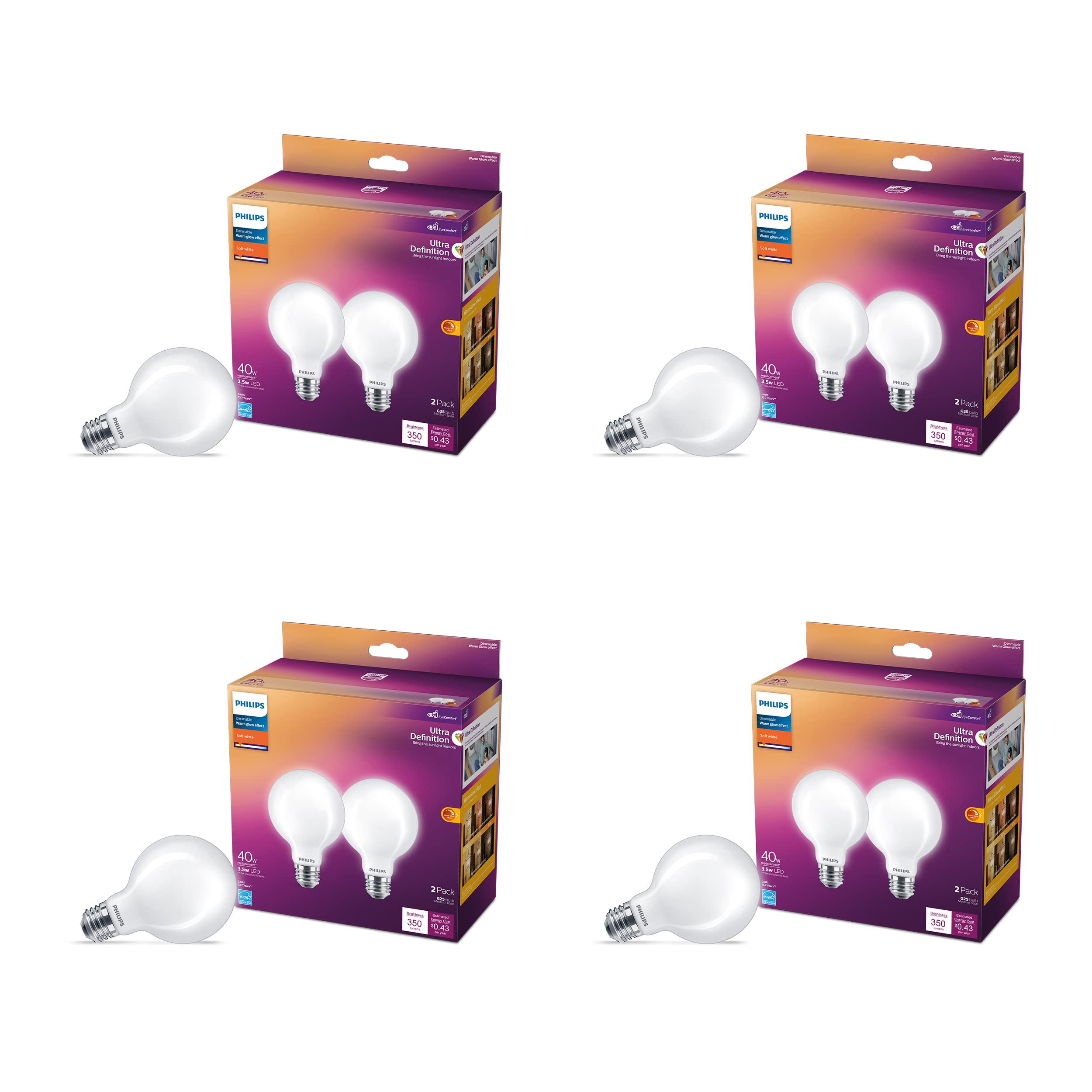 Philips LED G25 Globe Light Bulbs - 40W Dimmable - 350 Lumen - 8 Pack - Soft White - E26 Base - Model 573352