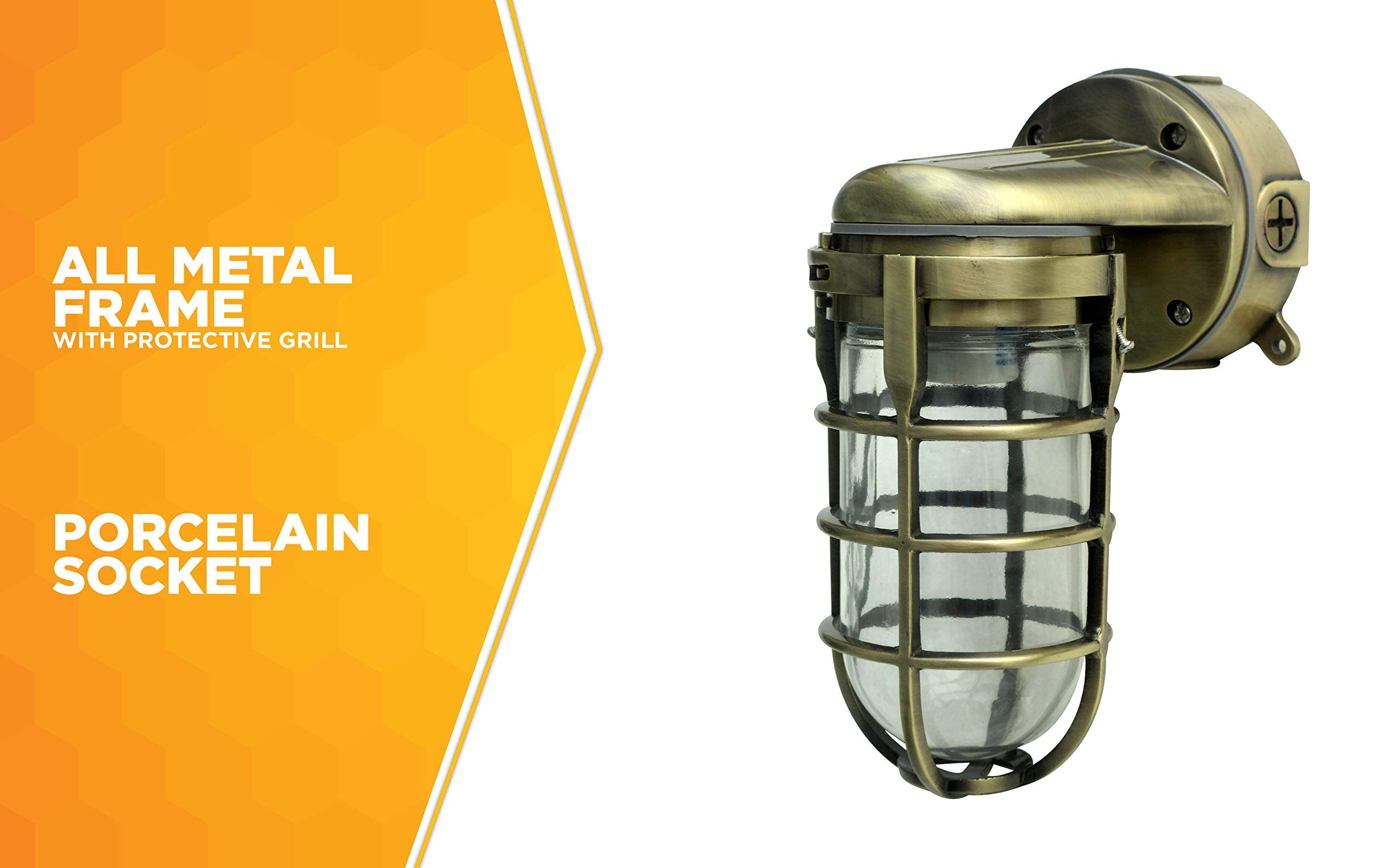 Woods L1707SVAB Industrial 100W Wall Mount Light, Antique Brass, Metal Die Cast, Tempered Glass, Indoor/Outdoor Use, One Size