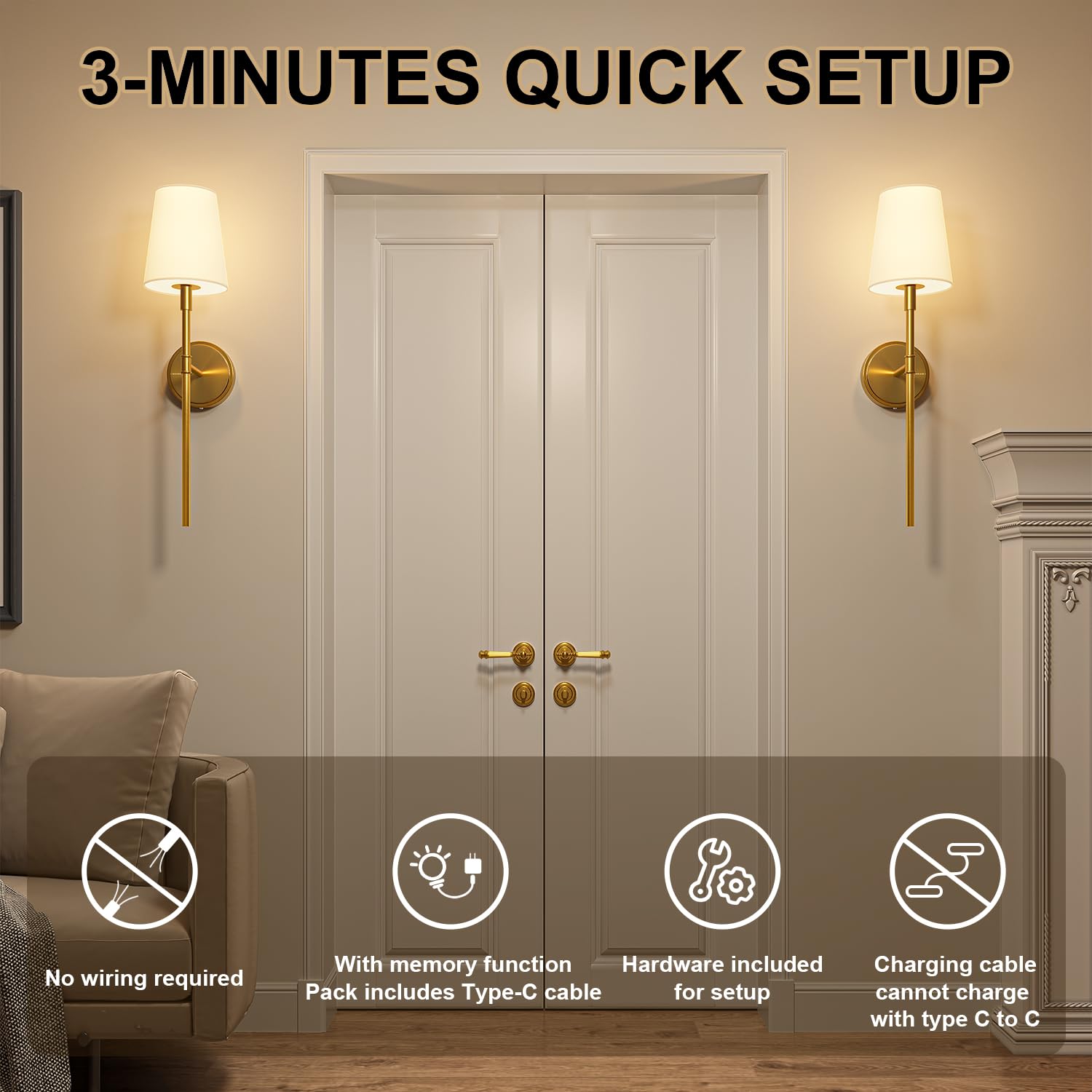 Battery Operated Wall Sconces Set Of 2, Gold Wireless Wall Lights With Remote Control Warm/Natural/Daylight/Rgb 15 Colors Dimmab