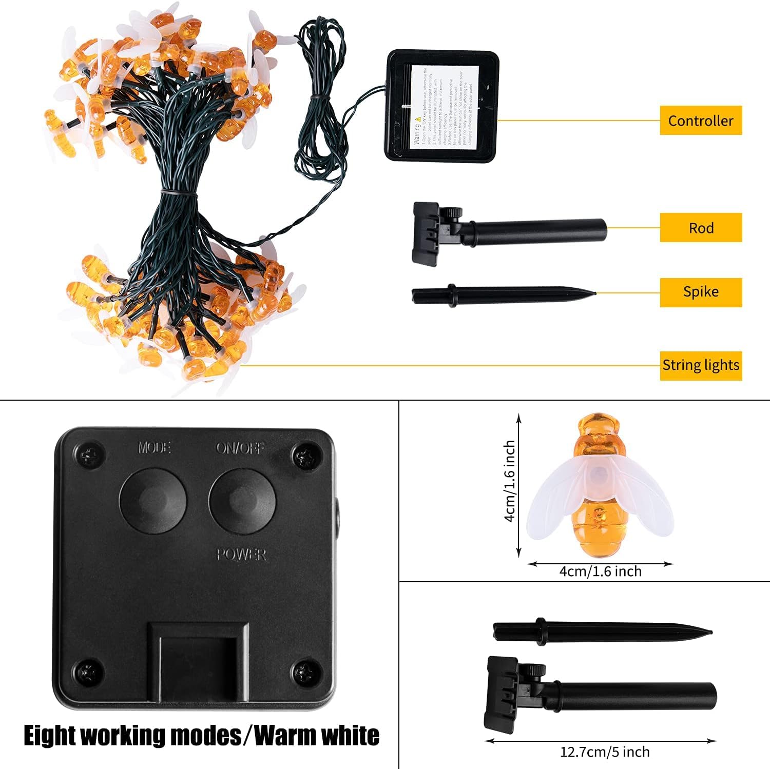 Brightown Solar Bee String Lights 31FT 50 LED Waterproof Warm White for Outdoor Patio Garden Wedding Decor
