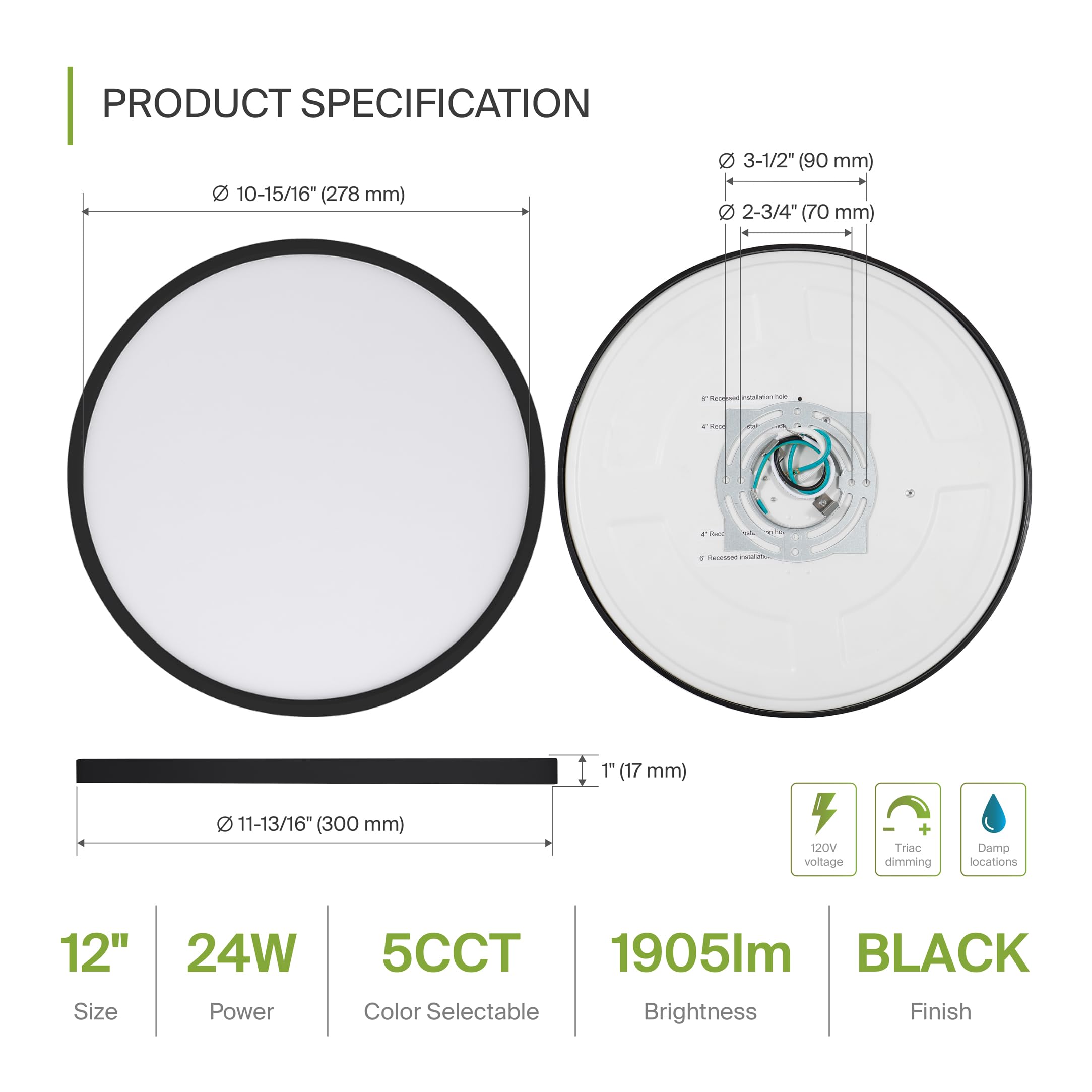 Asd Led 12 Inch Round Flush Mount Ceiling Light Fixture | 24W 1900Lm 2700-6000K 120V | 5Cct, Dimmable, Ultra Slim, Etl Listed |