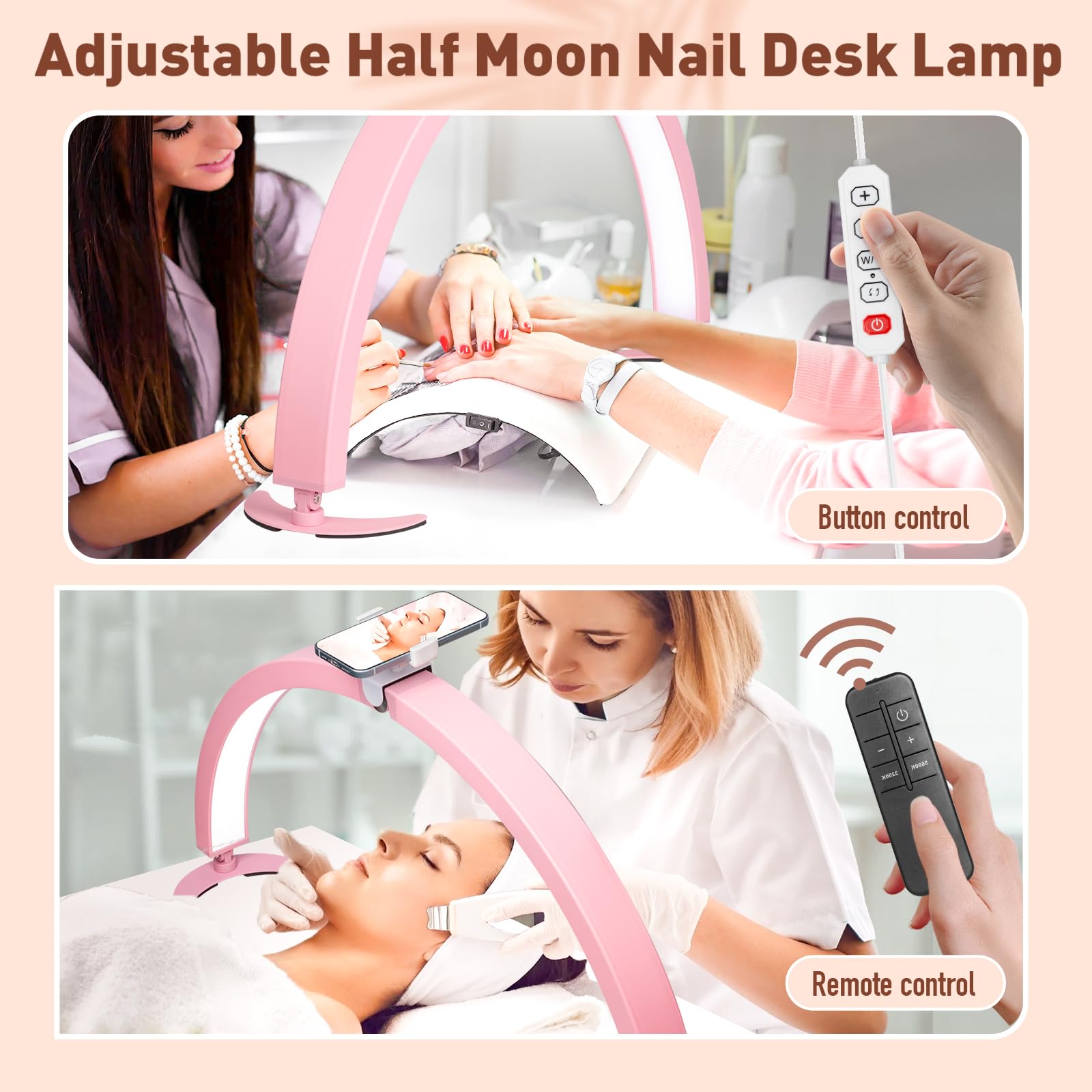 HITTI Half Moon Nail Desk Light with Phone Holder, Foldable, 7 Color Modes, 10 Brightness, Metal, Pink, Model MJBYL-Pink