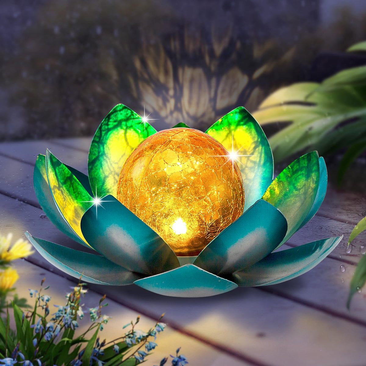AIINY Solar Light Outdoor(2Pack), Art Crackle Globe Glass Lotus Decoration, Solar LED Waterproof Blue Metal Flower Lights for Pa
