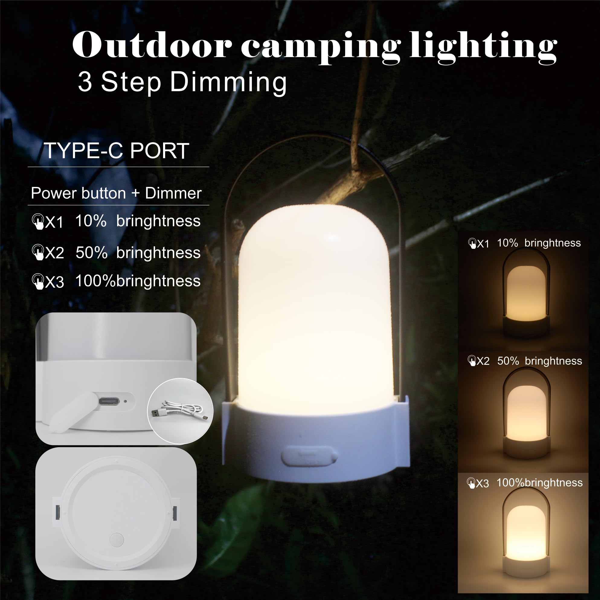 YONIKU LED IP44 Waterproof Portable Lantern Lamp 3-Level Dimmable Light, USB-C Rechargeable Outdoor Camping Light with 600mAh Ba
